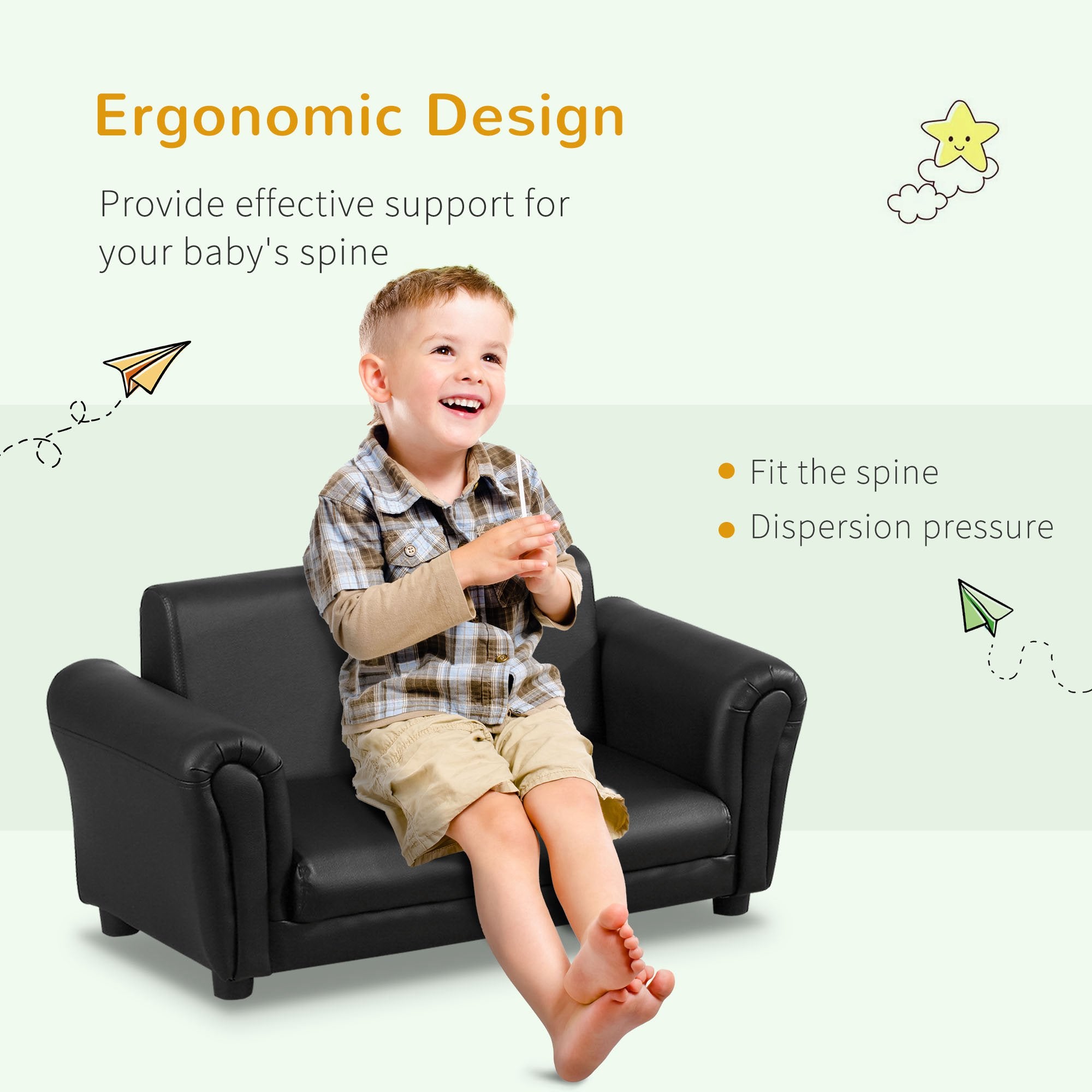 HOMCOM Kids Sofa Bed Kids Twin Sofa Toddler Chair 2 Seater Kids Twin Sofa Chair Boys Girls Couch w/ Footstool (Black) - North Peak Garden Furniture