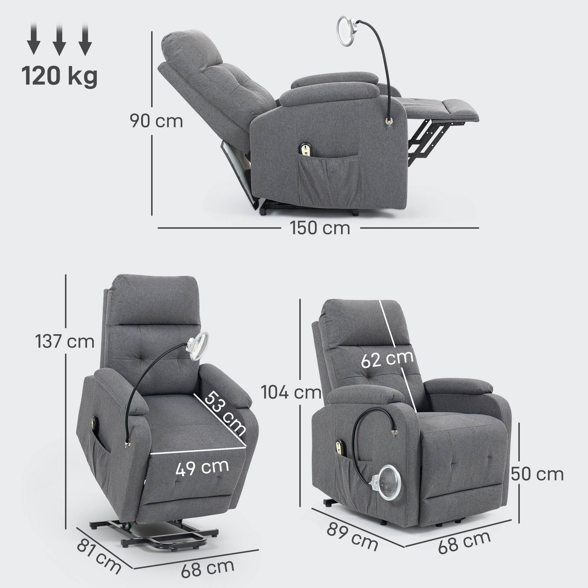 HOMCOM Electric Rise Recline Armchair, with Reading Light - Grey