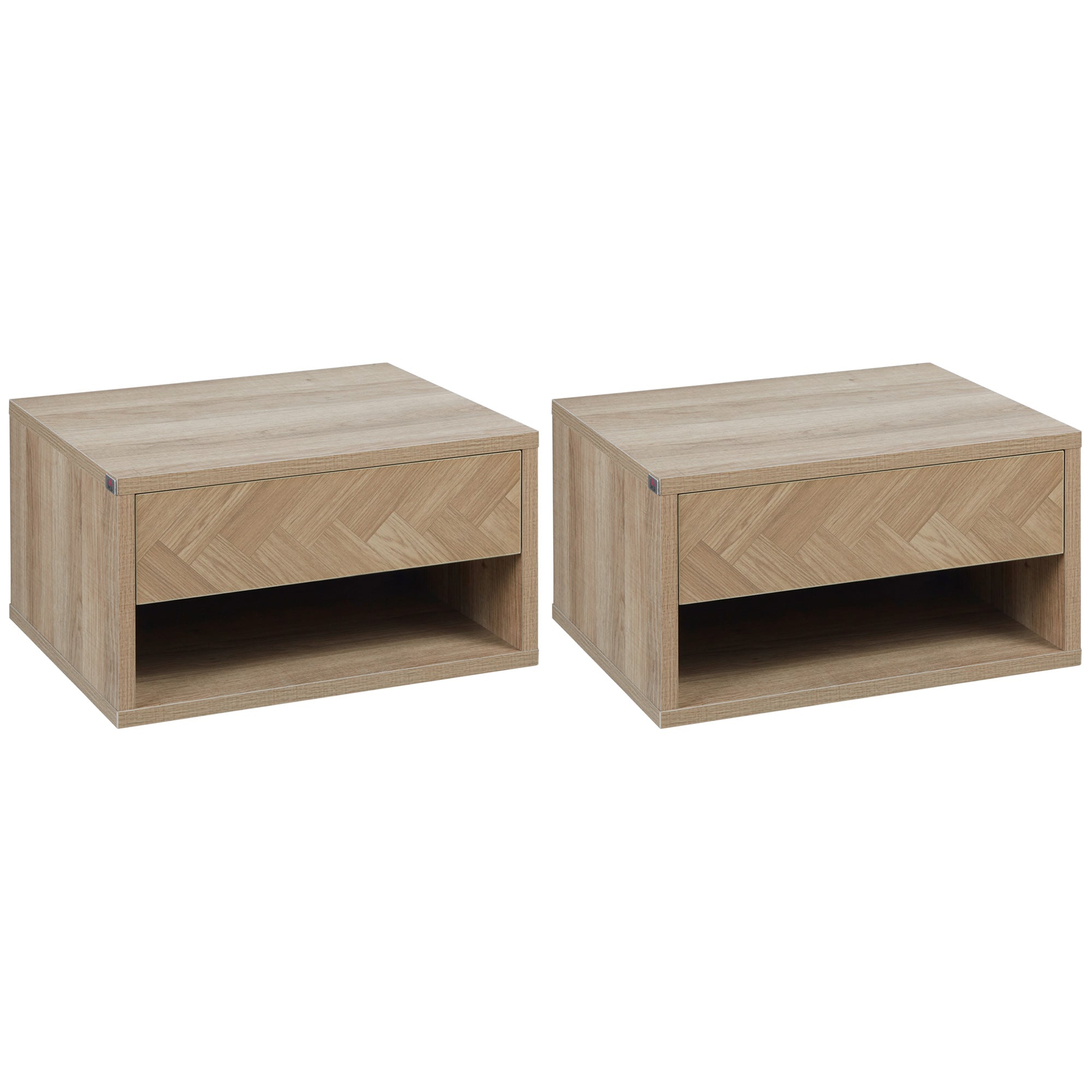 HOMCOM 2 Pieces Bedside Table Wall Mounted Nightstand with Drawer and Shelf for Bedroom, 37 x 32 x 21cm, Natural - North Peak Garden Furniture