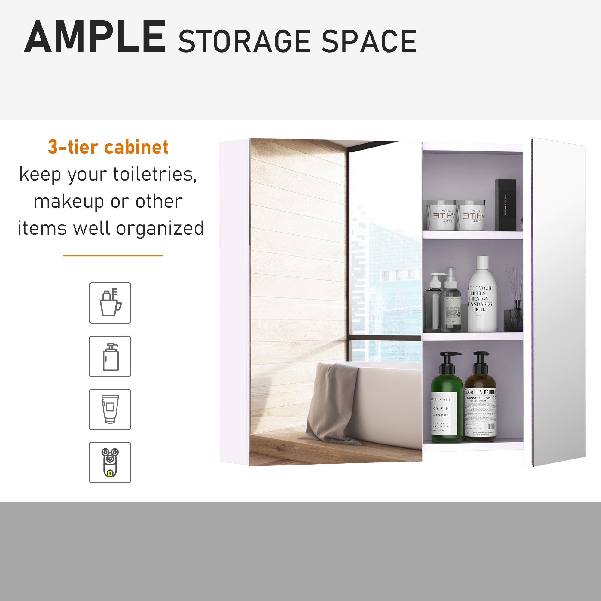 HOMCOM Mirror Cabinet, Wall Mount Bathroom Storage Cabinet with Adjustable Shelf, Double Door Cupboard, 70 x 15 x 60 cm, White - North Peak Garden Furniture