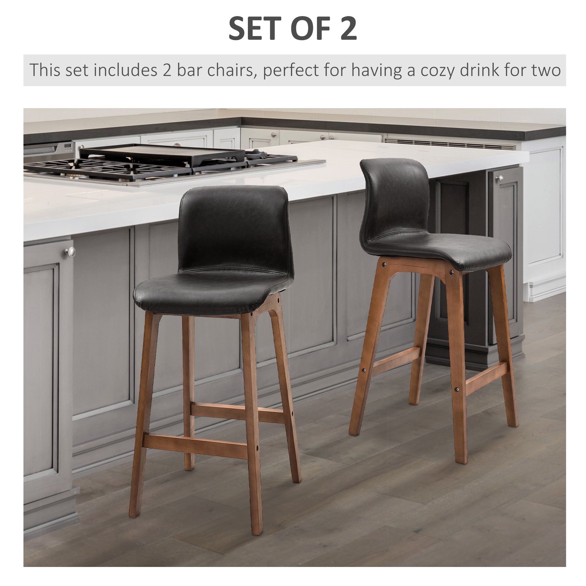 HOMCOM Modern Bar Stools Set of 2, PU Leather Upholstered Bar Chairs with Wooden Frame, Footrest for Home Bar, Dining Room