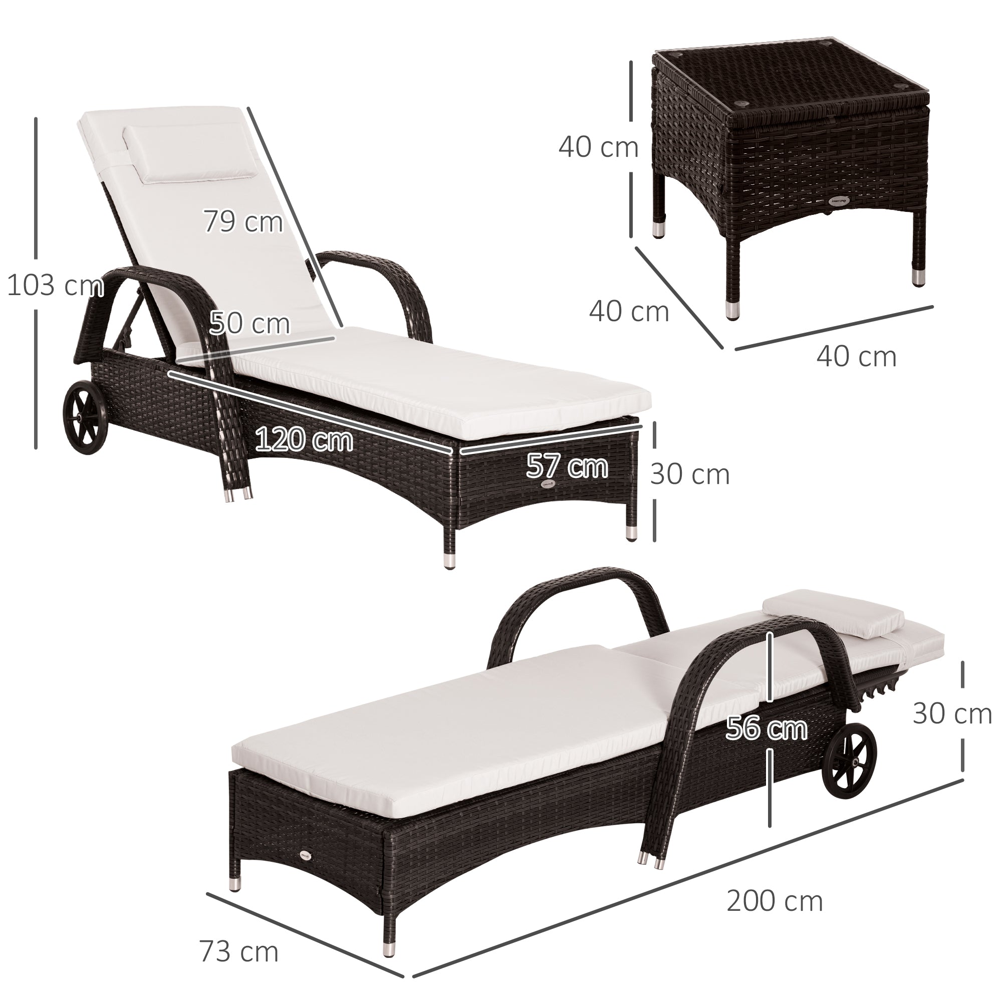 Outsunny 3 Pieces PE Rattan Patio Lounge Chair Set, Outdoor Recliner Lounge Chairs with Wheels, for Outside with Cushions, Headrest, Coffee Table for Garden, Poolside, Brown - North Peak Garden Furniture