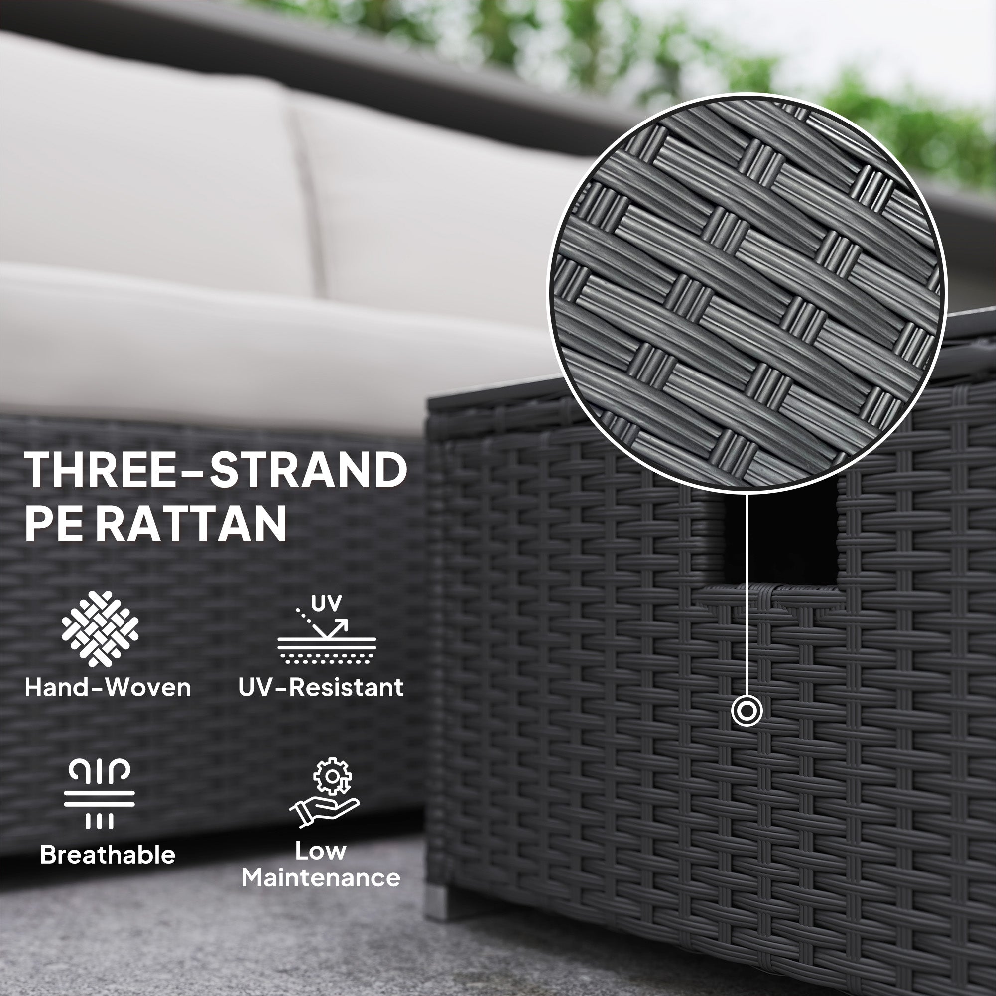 Outsunny Five Piece Rattan Garden Furniture Set with Gas Fire Pit Table and Footstool - Black and Cream White - North Peak Garden Furniture