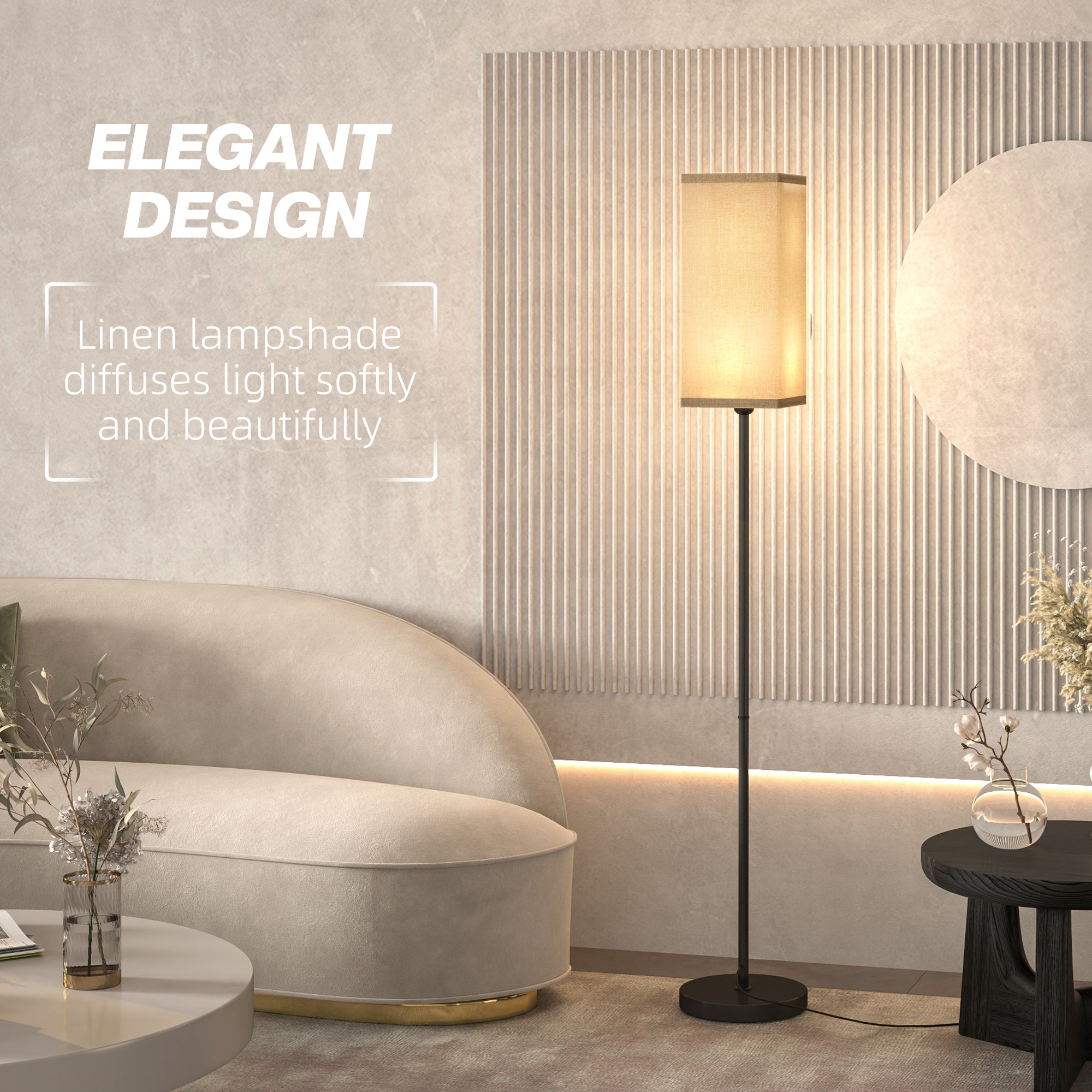 HOMCOM Floor Lamp, Modern Standing Lamp with Linen Shade, Tall Lamps for Living Room, Bedroom, with Foot Switch, Bulb not Included, Black - North Peak Garden Furniture