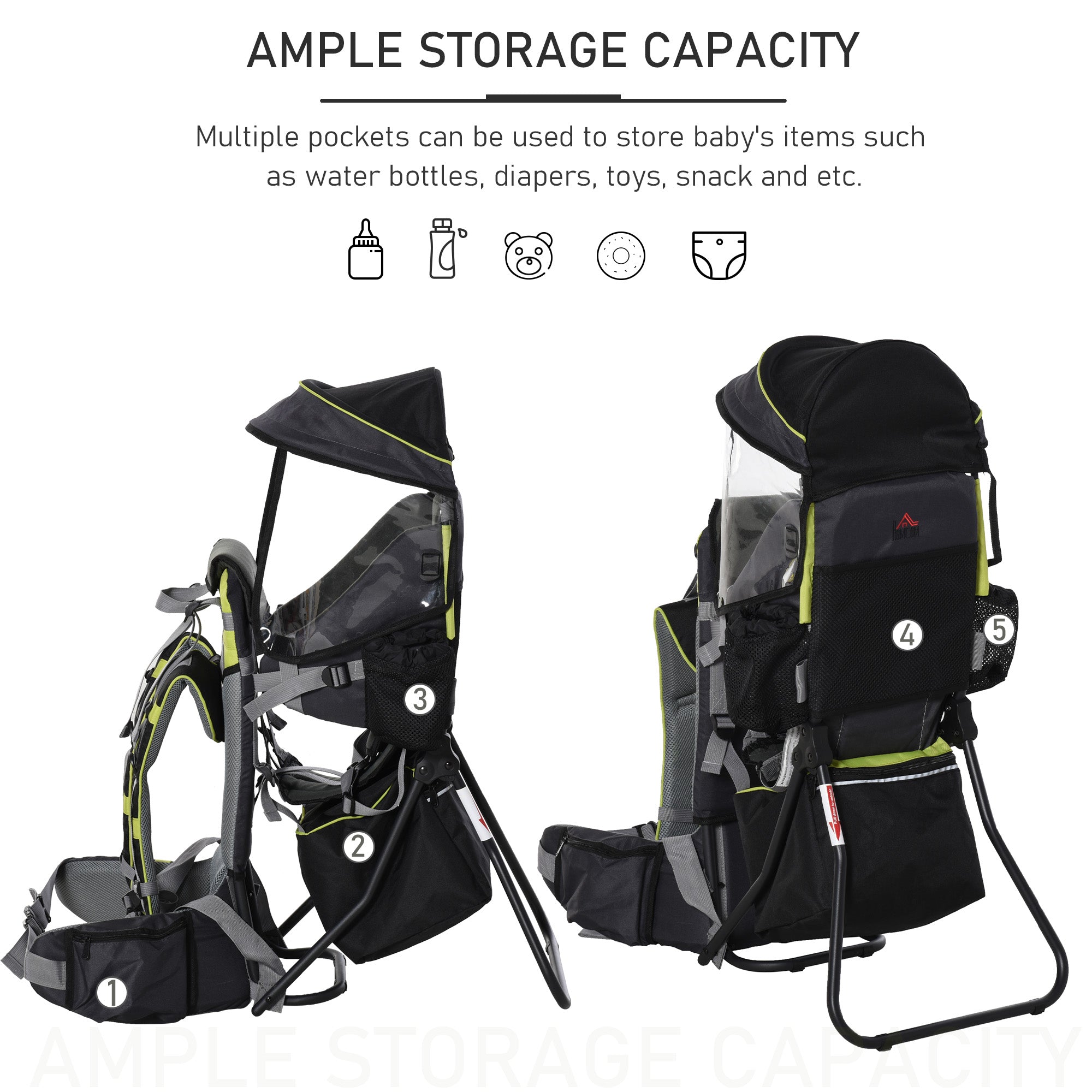 HOMCOM Baby Hiking Backpack Carrier Child Carrier with Ergonomic Hip Seat Detachable Rain Cover Adjustable Straps Stand for Toddler 6 - 36 Months Black - North Peak Garden Furniture