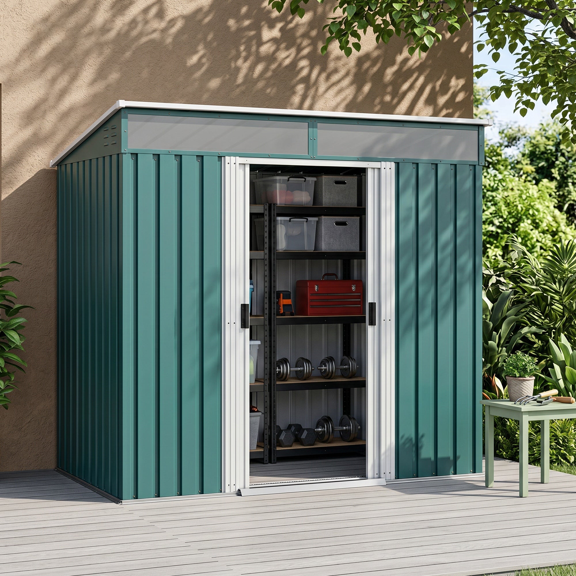 Outsunny 6.5 x 4FT Galvanised Metal Shed with Foundation Kit, Lockable Tool Garden Shed with Double Sliding Doors, Vents, Green