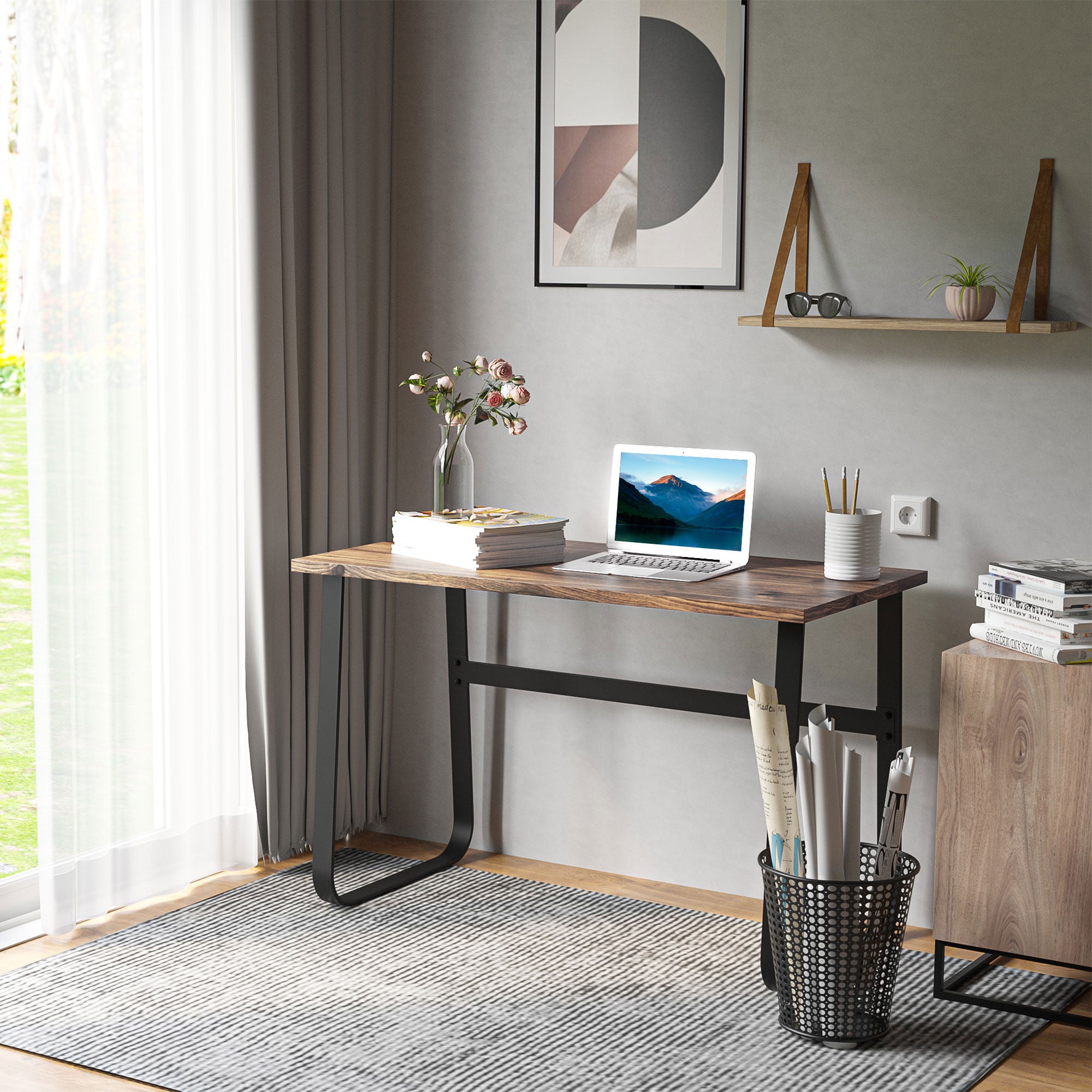 HOMCOM Computer Desk, Small Home Office Desk, Industrial Study Workstation with Metal Frame, 115 x 58 x 74.5cm, Rustic Brown and Black - North Peak Garden Furniture