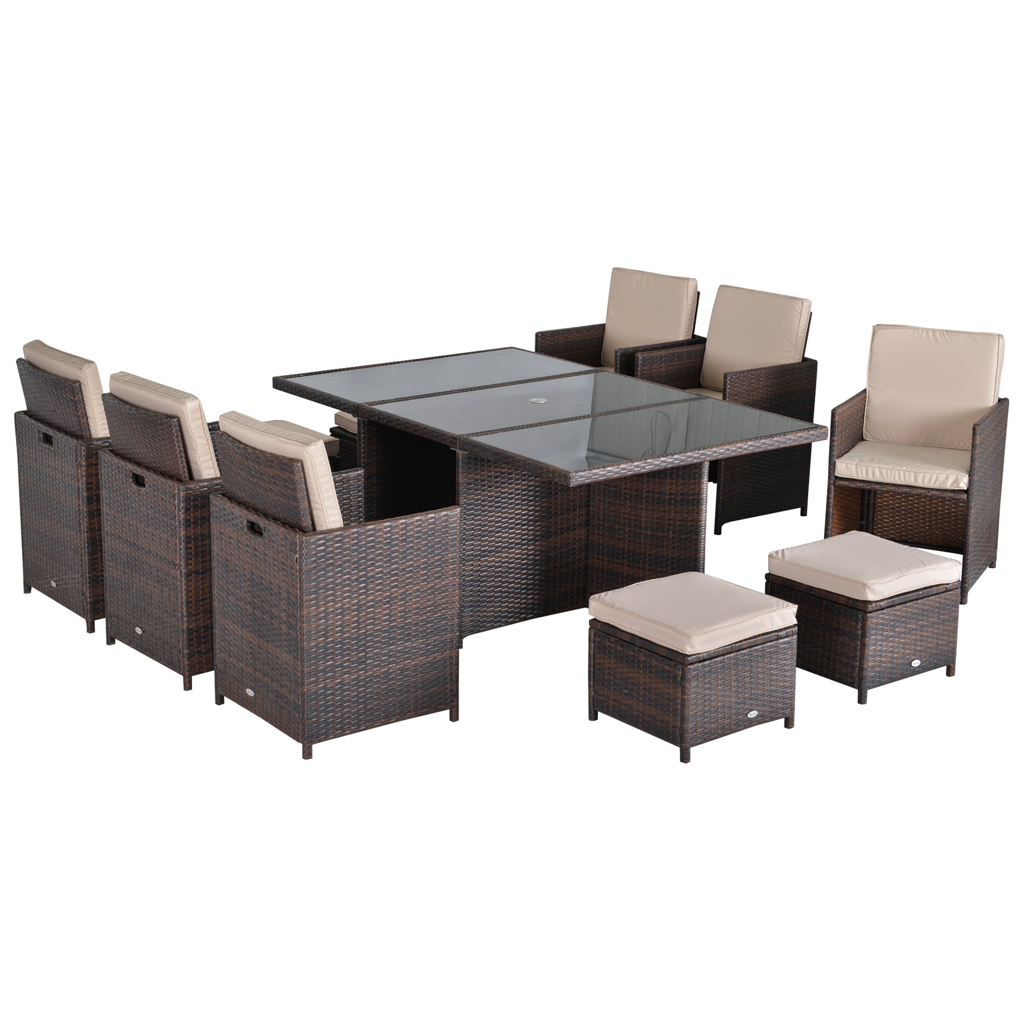 Outsunny 10 Seater Rattan Cube Garden Furniture Set with Parasol Hole, Rattan Dining Set with Cushions, Outdoor Dining Table and Chairs with Rectangular Glass Top Table for Patio, Mixed Brown