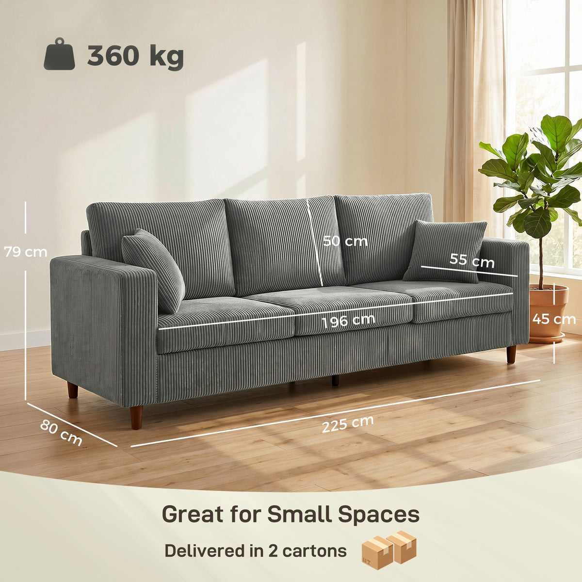 HOMCOM 3 Seater Sofa with Wide Seat, Corduroy Fabric Couch with Deep Seat, Spring Cushion, Light Grey