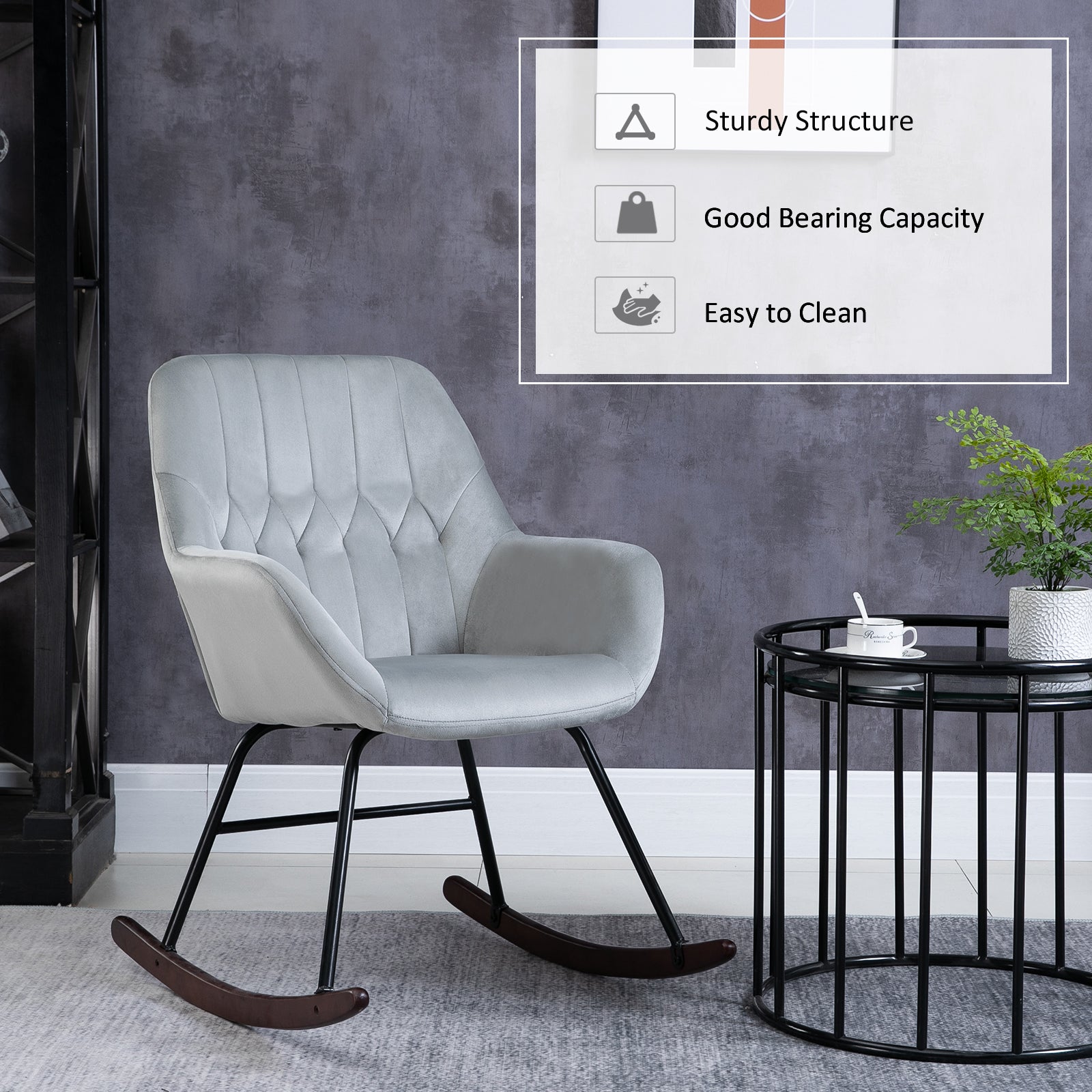 HOMCOM Rocking Chair Reading Accent Armchair with Steel Frame Sponge Padded for Living Room, Dining Room, Office, Balcony, Grey and Black - North Peak Garden Furniture