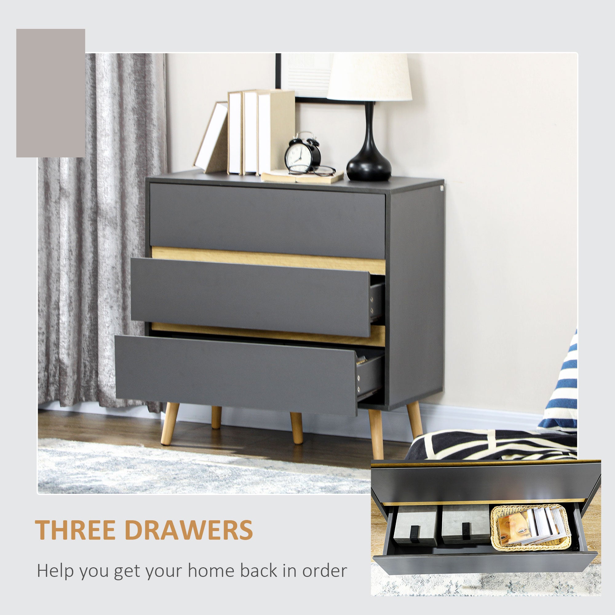 HOMCOM Drawer Chest, 3-Drawer Storage Organiser for Bedroom, Living Room, 80cmx40cmx80cm, Dark Grey - North Peak Garden Furniture