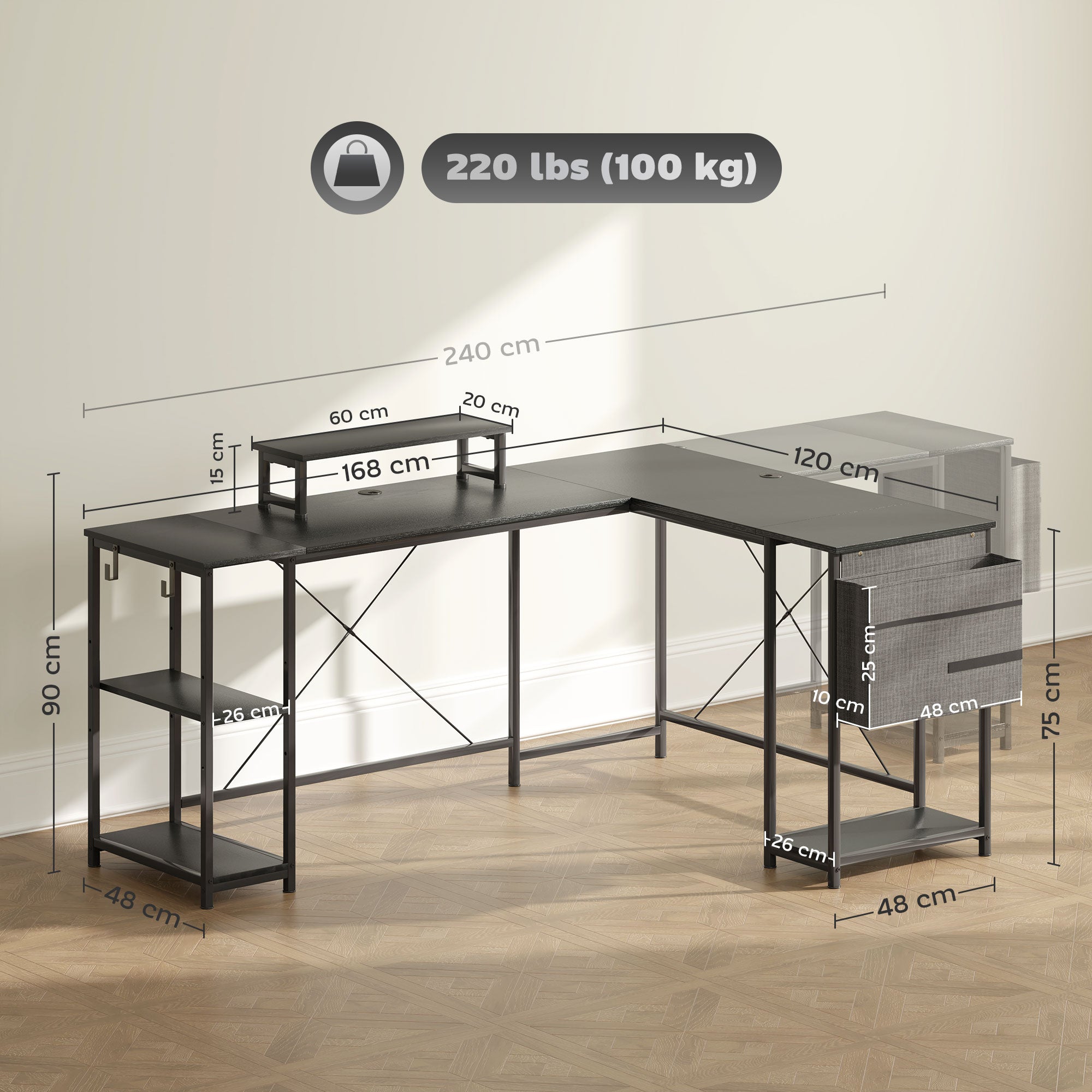 HOMCOM 168cm Reversible L Shaped Desk, Industrial Corner Computer Desk with Adjustable Shelf and Storage Bag, 240cm 2 Person Desk with Monitor Stand, Black - North Peak Garden Furniture