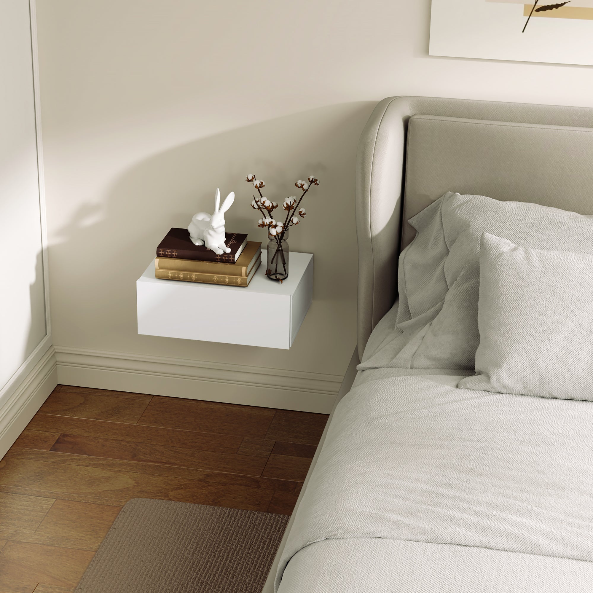 HOMCOM Floating Bedside Table, Wall-Mounted Nightstand with Storage Drawer, Small Side End Table for Bedroom, White