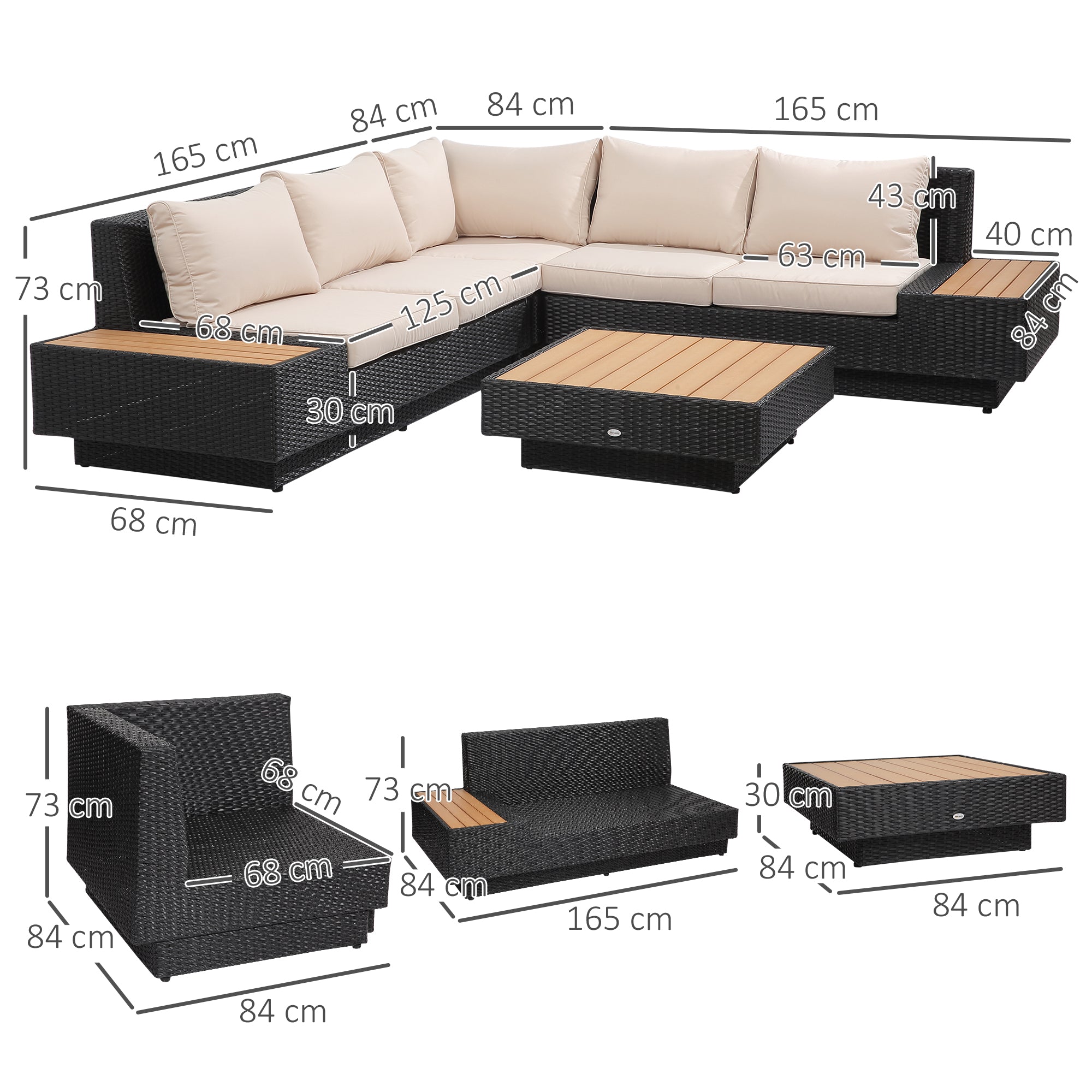 Outsunny 4 PCs Rattan Garden Furniture Outdoor Sectional Corner Sofa and Coffee Table Set  Conservatory Wicker Weave Furniture with Armrest and Cushions - Black