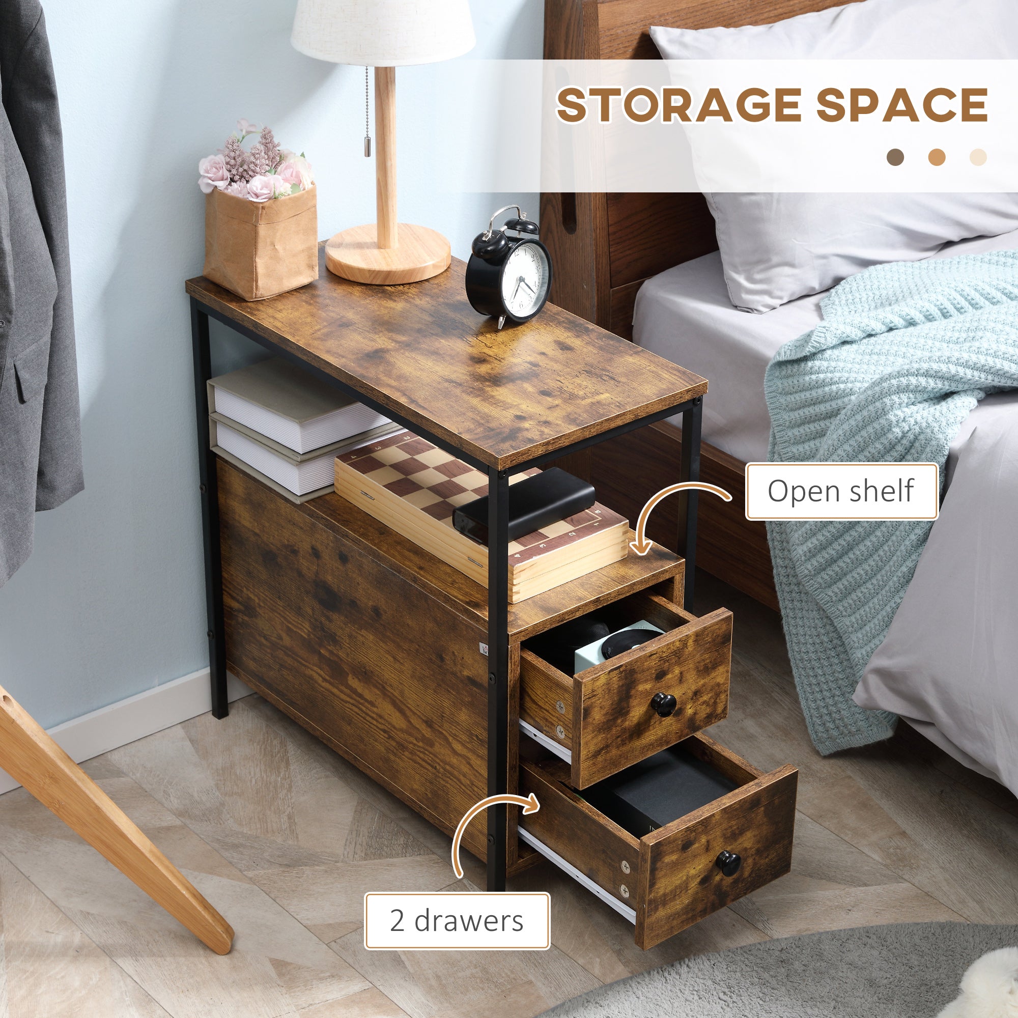 HOMCOM Set of 2 Side Table, Narrow Bedside Table with 2 Drawers and Storage Shelf, Industrial End Table with Metal Frame for Small Spaces, Rustic Brown - North Peak Garden Furniture