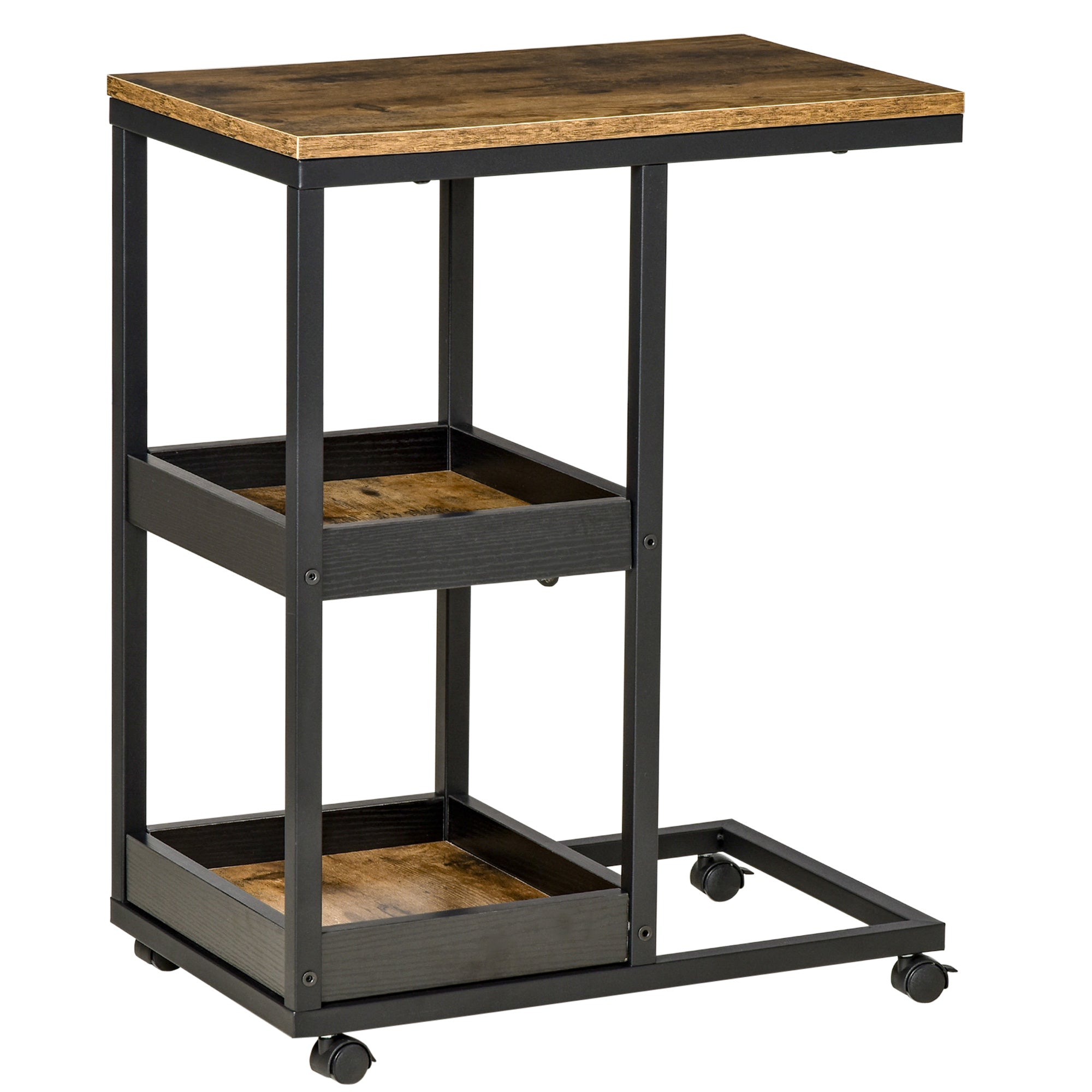 HOMCOM Industrial Mobile Sofa Side Table C-Shaped Rolling Couch Table with 3-Tier Storage Shelving Four Lockable Wheels Steel Frame - Brown - North Peak Garden Furniture