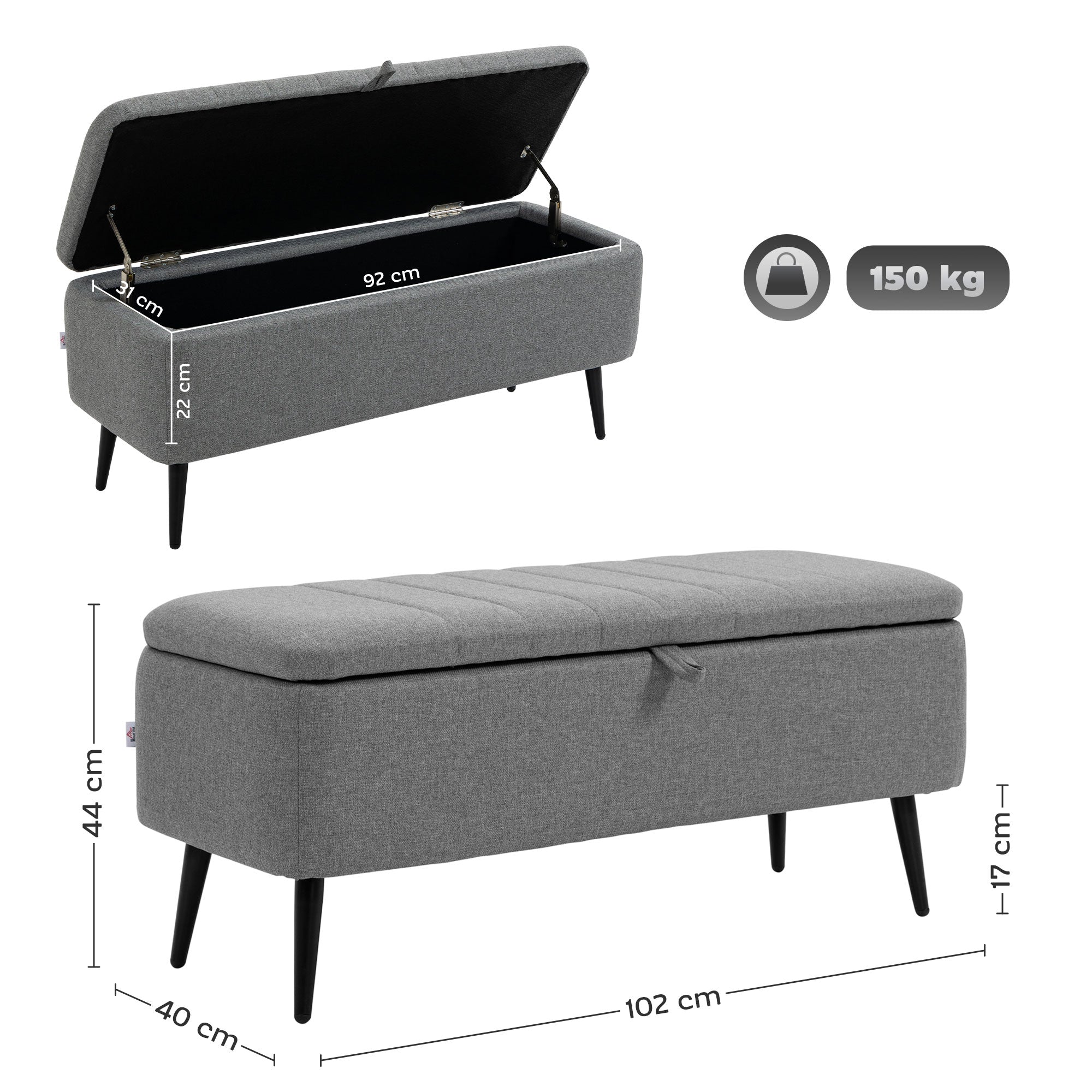 HOMCOM Storage Ottoman with Flip Top, Rectangular Upholstered Bench, Linen Fabric Footstool with Steel Legs for Living Room, Bedroom, Grey - North Peak Garden Furniture