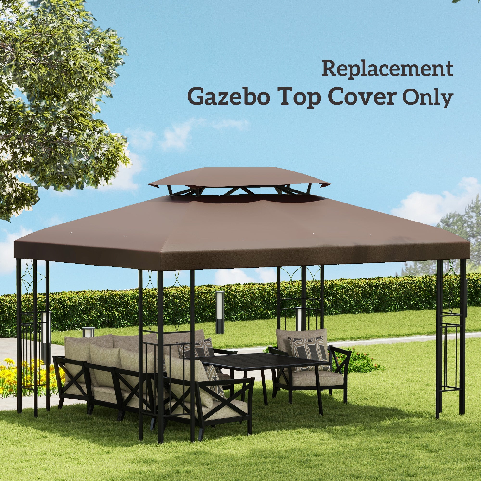 Outsunny 3x4m Gazebo Canopy Replacement Cover, 2 Tier Top Roof UV Cover Garden Patio Outdoor Sun Awning Shelters, Brown (TOP COVER ONLY) - North Peak Garden Furniture