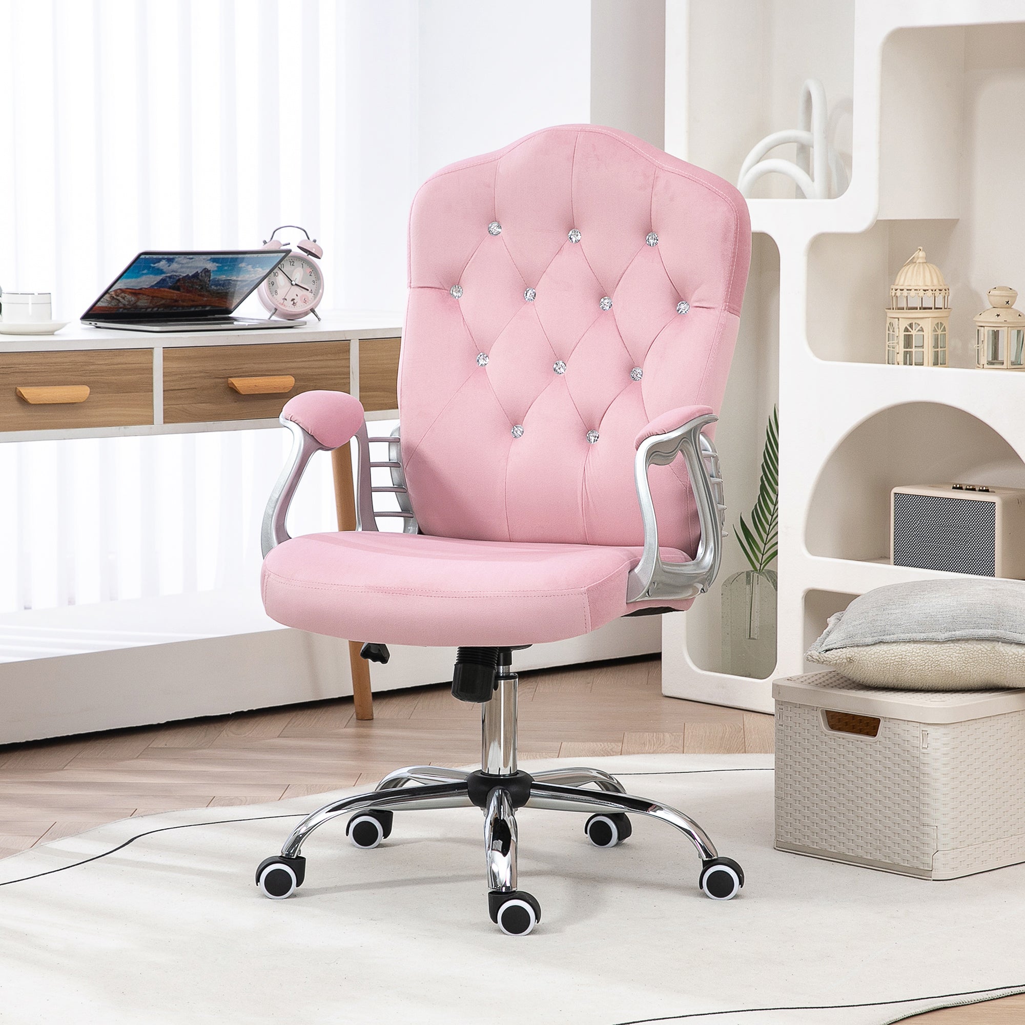 Vinsetto Velvet-Feel Work Chair, with Diamante Back - Pink - North Peak Garden Furniture