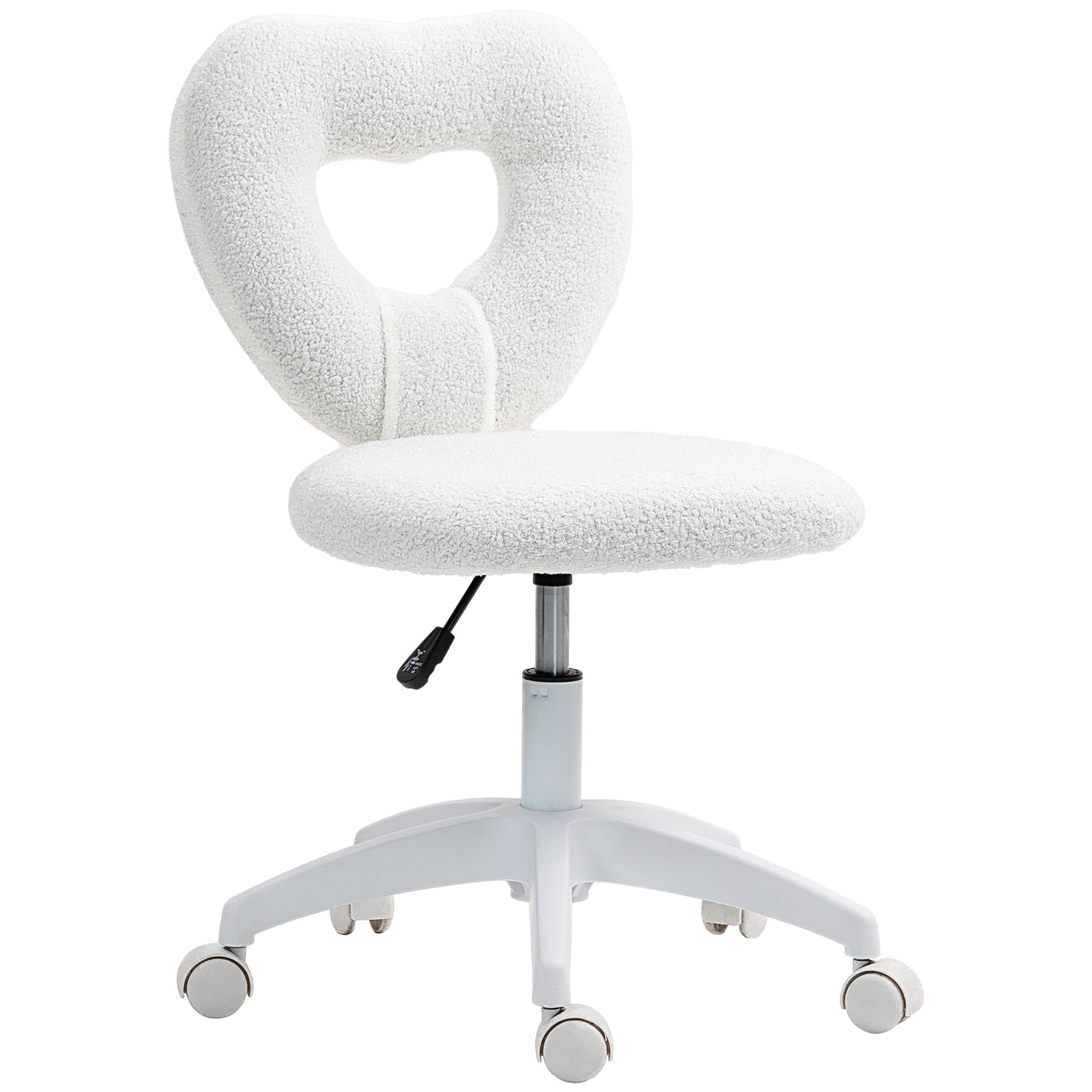 HOMCOM Armless Heart Computer Desk Chair, Teddy Fleece Swivel Office Chair, Makeup Vanity Chair with Height Adjustable, Wheels, for Home Study Bedroom, White - North Peak Garden Furniture