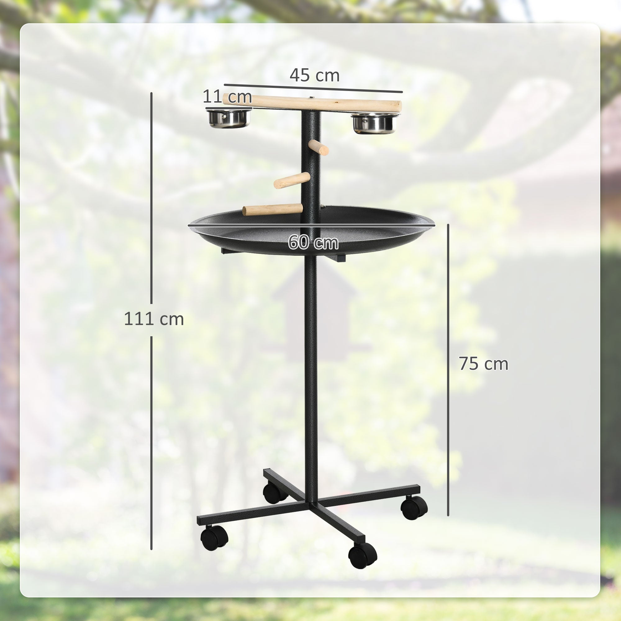 PawHut Metal Bird Table Play Stand, Bird Feeder Station Parrot Perch with Four Wheels Feeding Bowls Round Tray