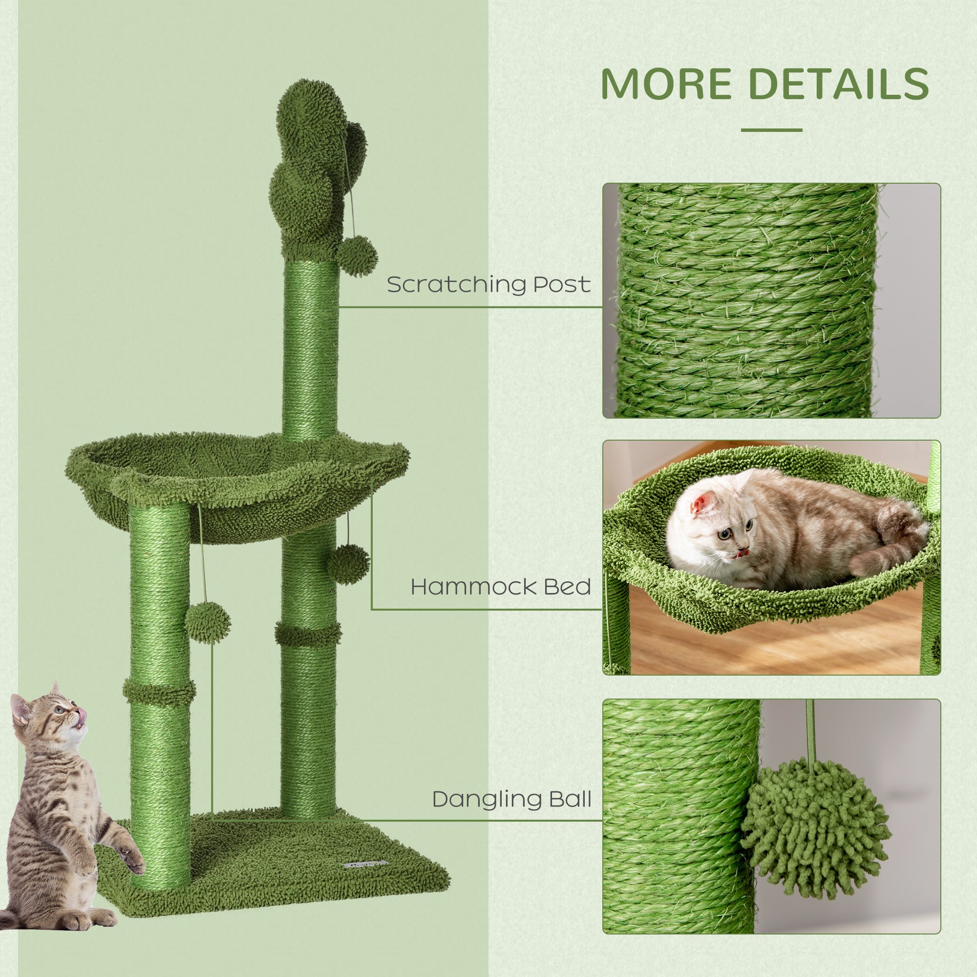 PawHut Cactus Cat Tree Tower for Indoor Cats Sisal Scratching Post with Hammock Bed Dangling Ball 40 x 40 x 96 cm