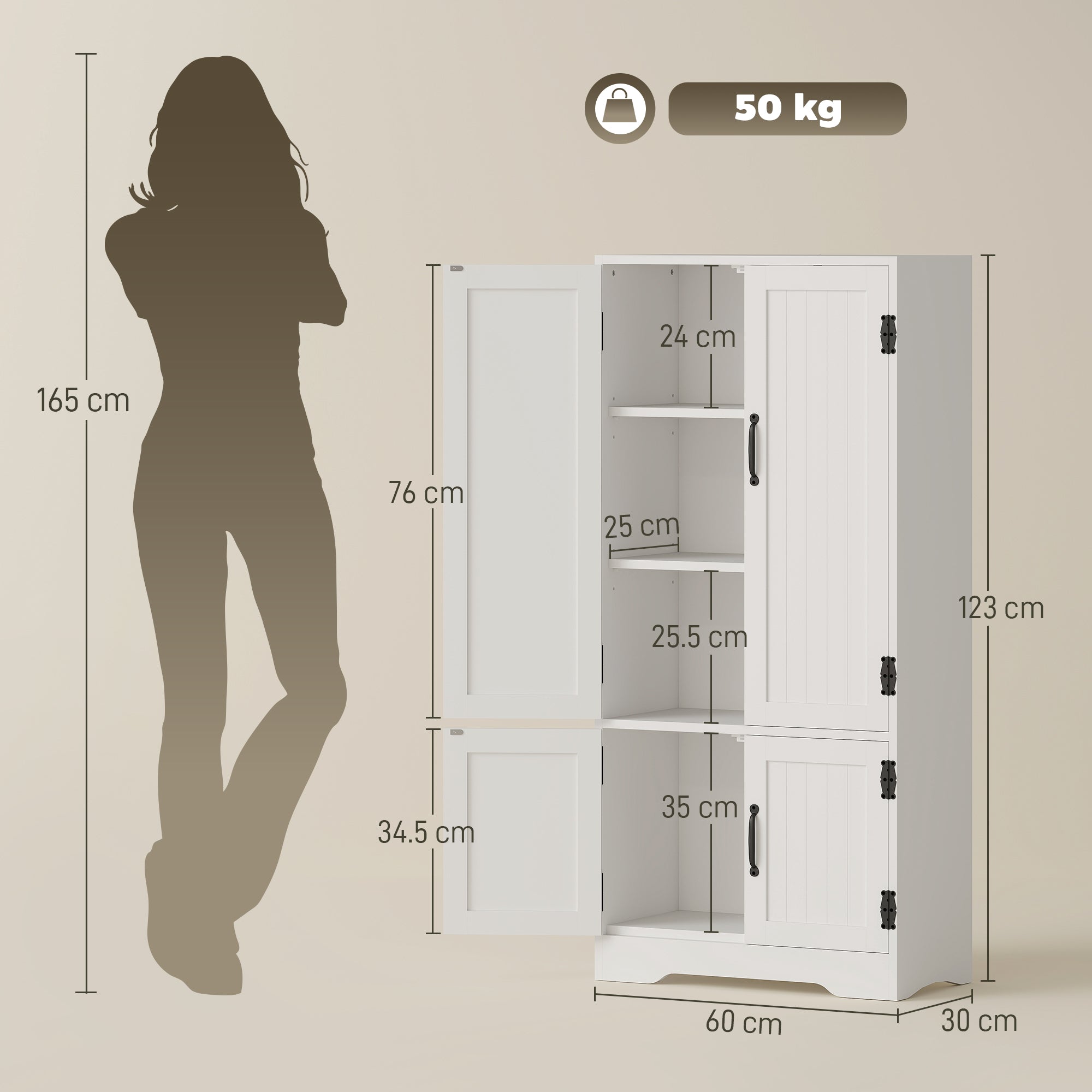 HOMCOM Accent Floor Storage Cabinet Kitchen Cupboard with Adjustable Shelves and 2 Lower Doors, White