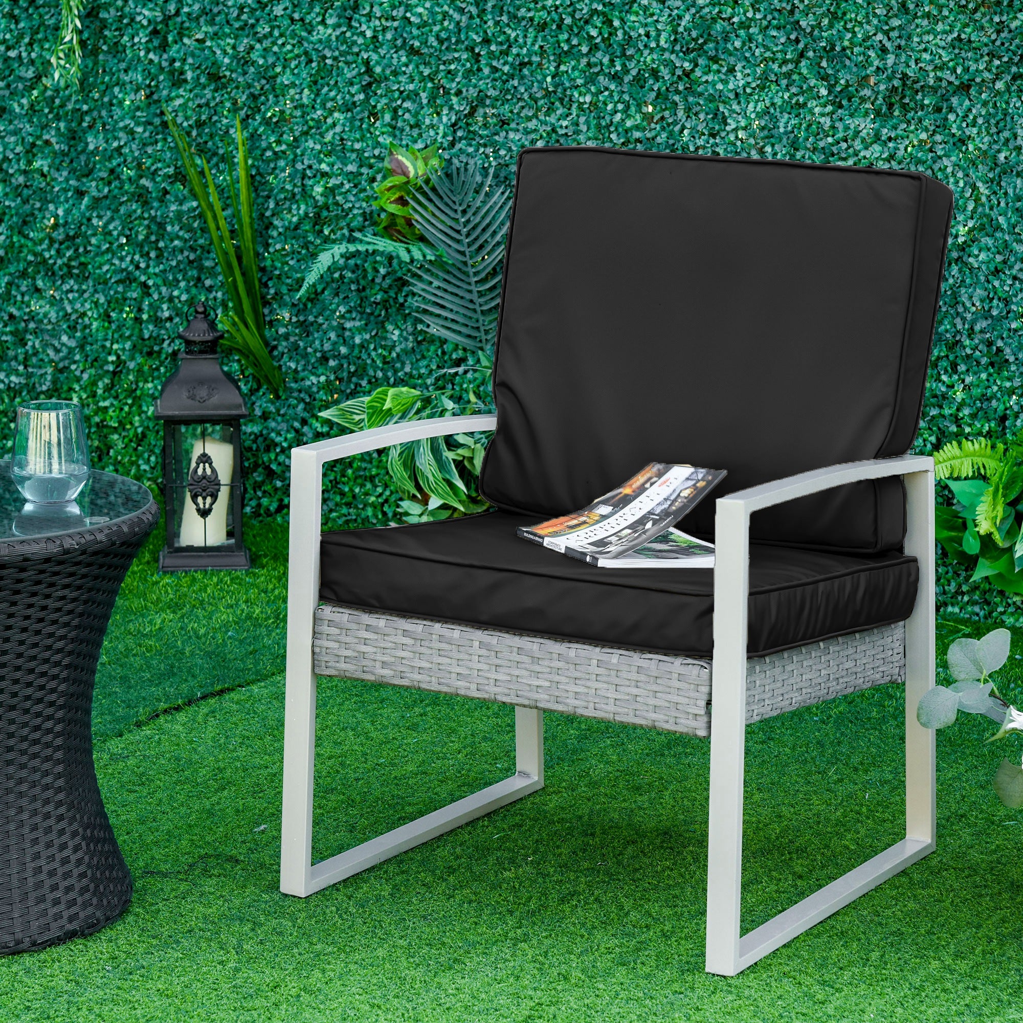Outsunny 2 Piece Garden Chair Cushions with 1 Seat Cushion 1 Back Pad for Rattan Sofa Chair, Outdoor Seat Pads for Indoor and Outdoor Use, Black - North Peak Garden Furniture