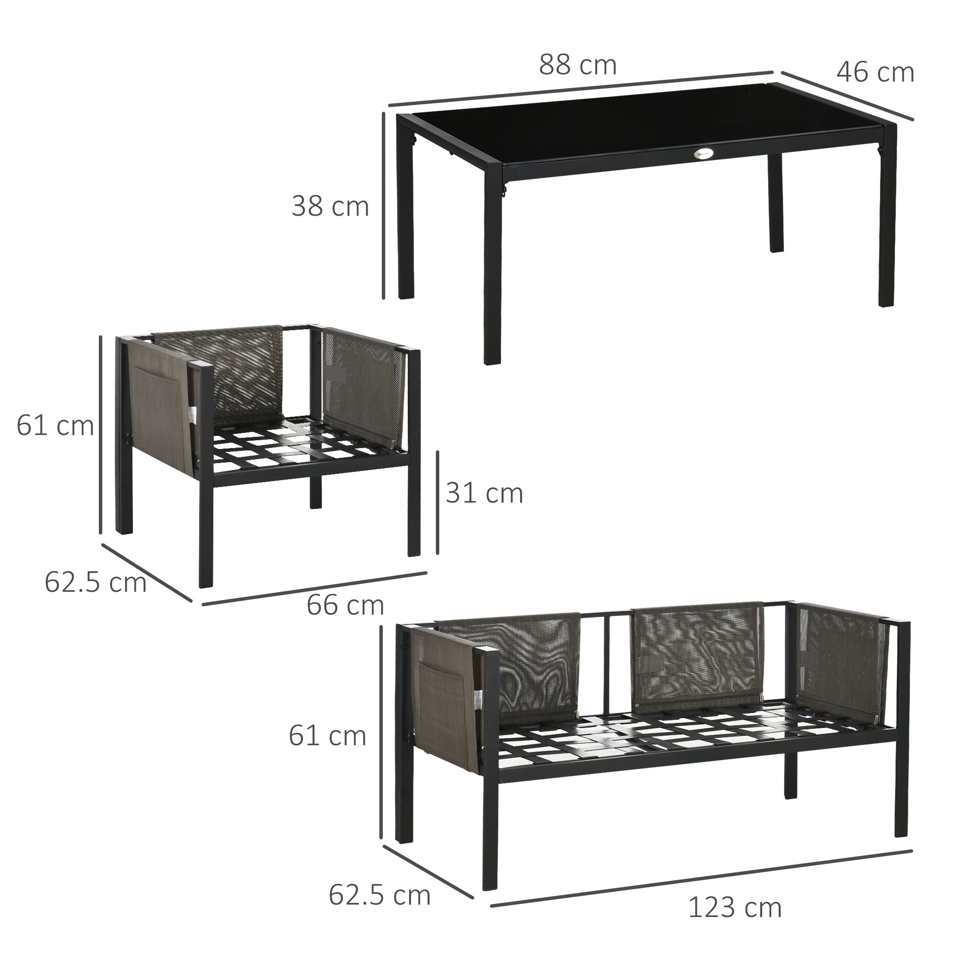 Outsunny 4 Piece Metal Garden Furniture Set with Tempered Glass Coffee Table, Texteline Pocket, Outdoor Patio Set Loveseat Single Armchairs with Padded Cushions, Light Grey - North Peak Garden Furniture