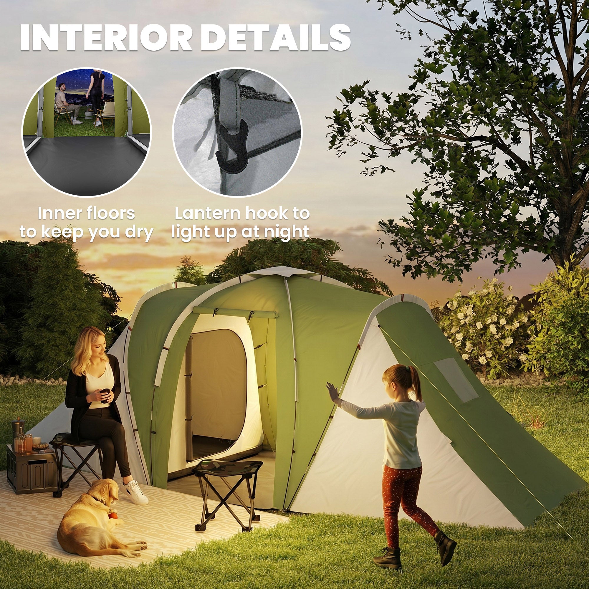 Outsunny Large Camping Tent Tunnel Tent with 2 Bedroom and Living Area, 2000mm Waterproof, Portable with Bag for 4-6 Man, Green