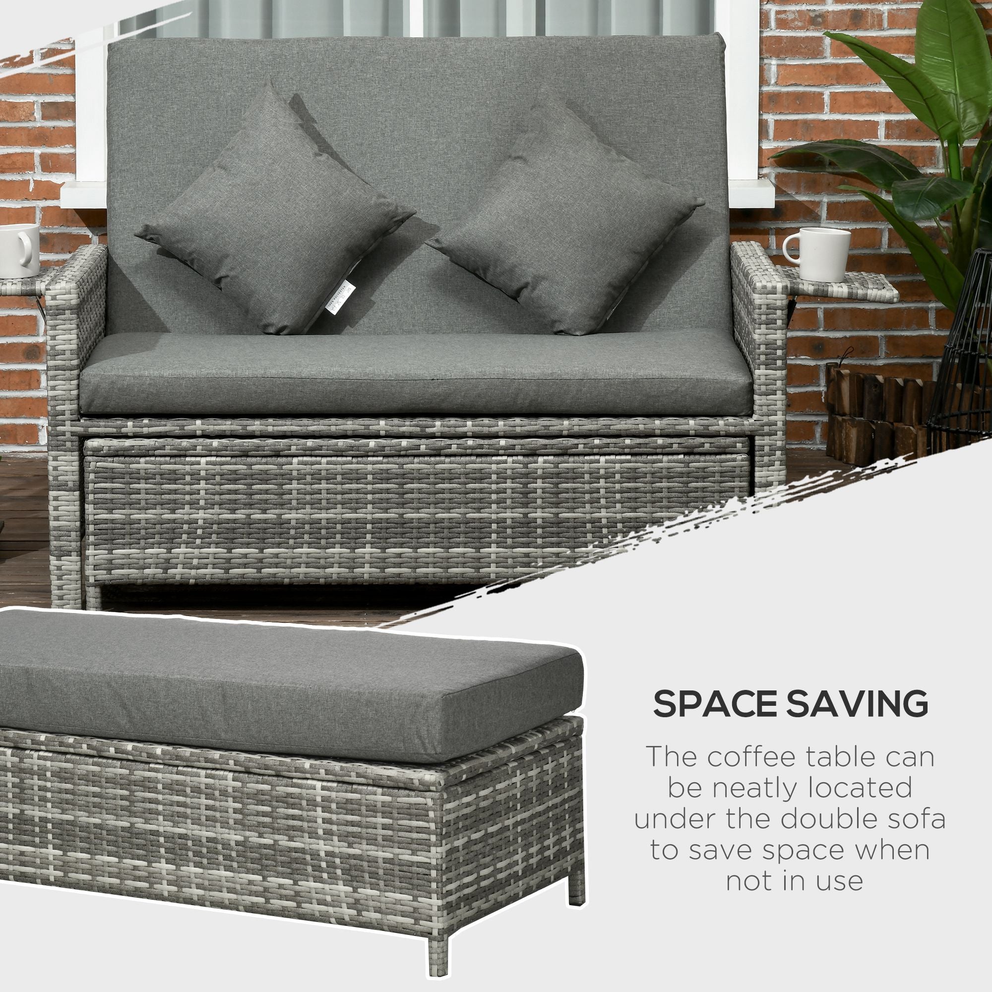 Outsunny 2 Seater Assembled Garden Patio Outdoor Rattan Furniture Sofa Sun Lounger Daybed with Fire Retardant Sponge - Grey - North Peak Garden Furniture