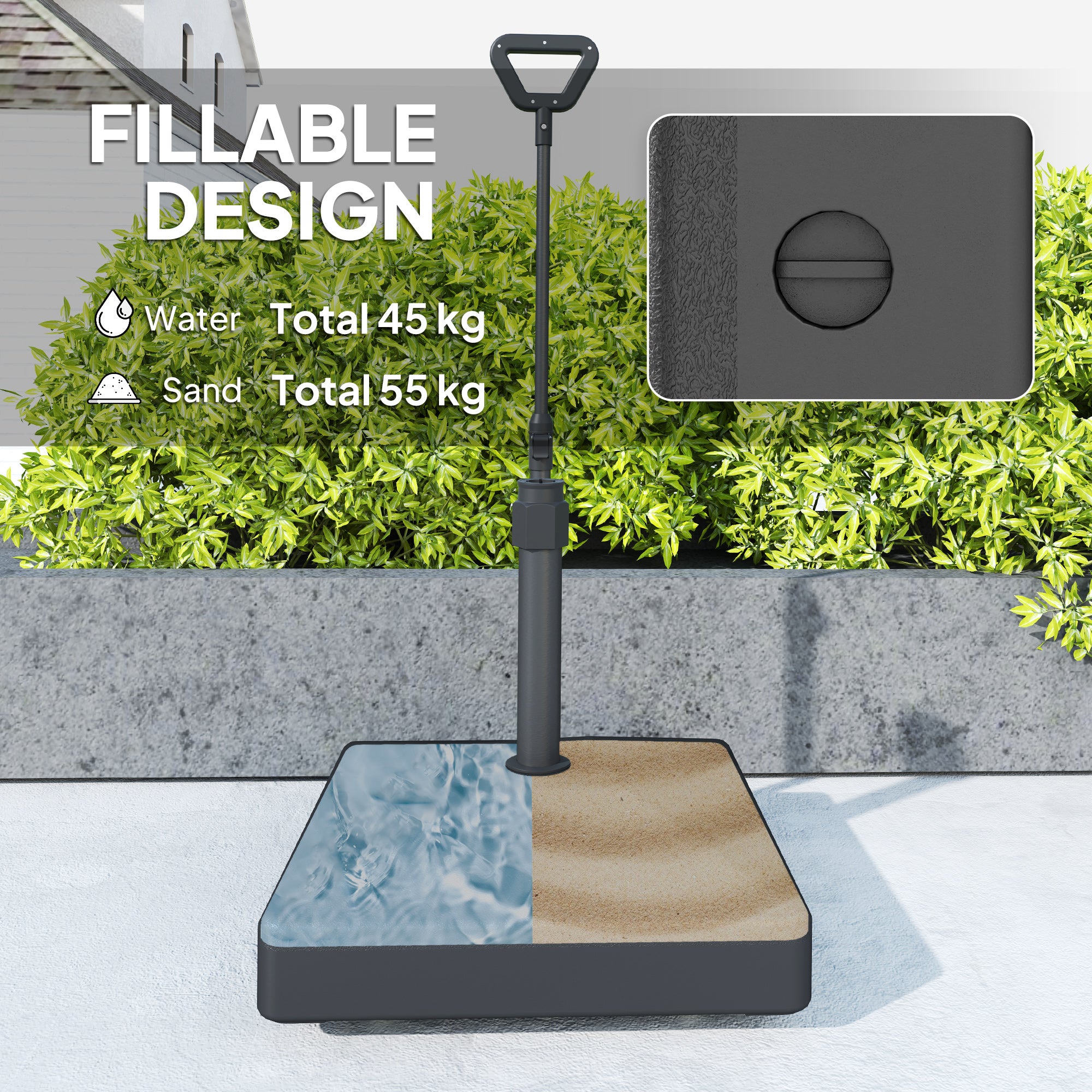 Outsunny Garden Parasol Base with Adjustable Wheels and Handle, Garden Sun Umbrella Base Parasol Stand, Filled Up to 55kg with Stand, 45kg with Water for 35, 38, 48 mm Poles, Black - North Peak Garden Furniture