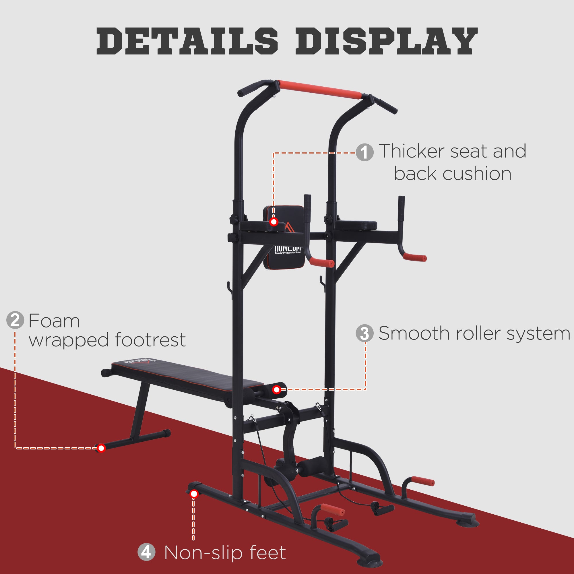 HOMCOM Multifunction Power Tower Home Workout Dip Station w/ Sit-up Bench Push-up Bars and Tension Ropes Fitness Equipment Office Gym Training - North Peak Garden Furniture