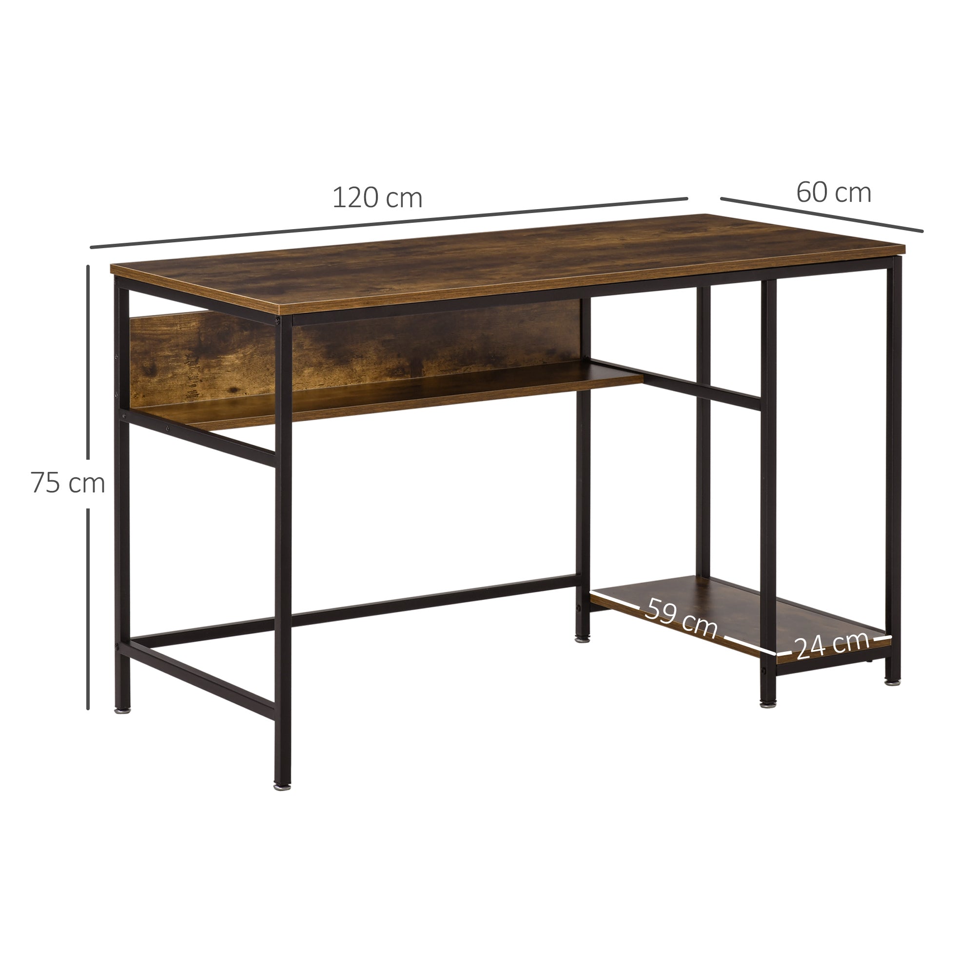 HOMCOM Computer Desk with Storage, 120 x 60cm Home Office Desk with 2 Shelves and Steel Frame, Writing Table for Living Room, Study, Rustic Brown - North Peak Garden Furniture