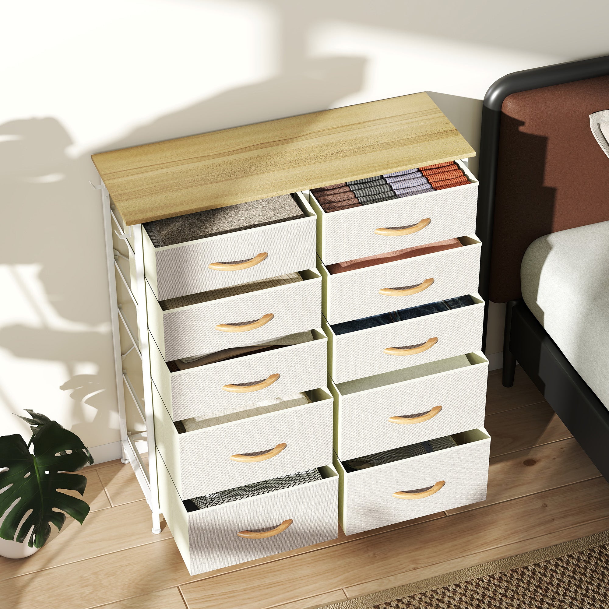 HOMCOM Chest of Ten Fabric Drawers - Beige