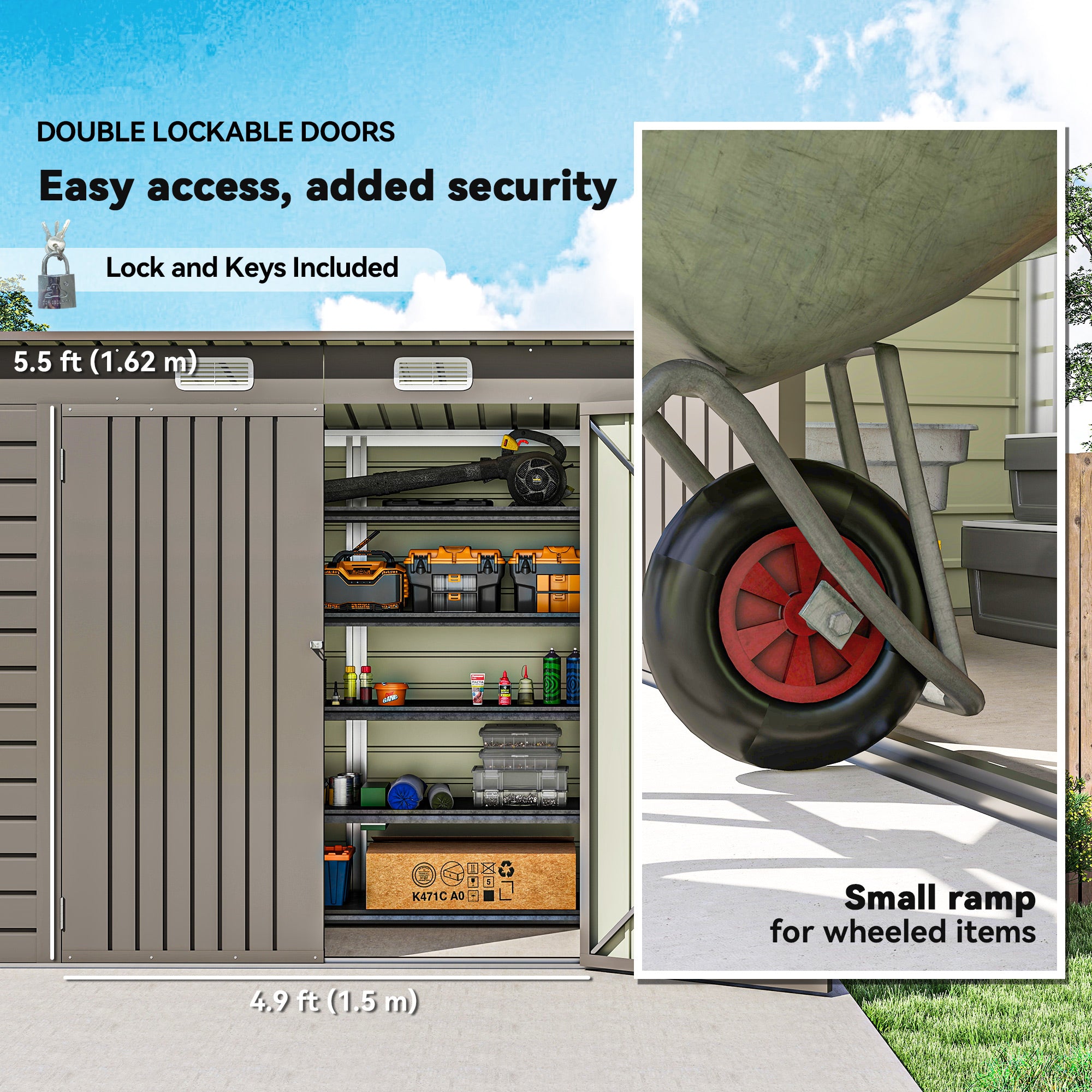 Outsunny 3.7 x 7.9ft Galvanised Steel Shed, with Latched Door and Padlock - Light Grey