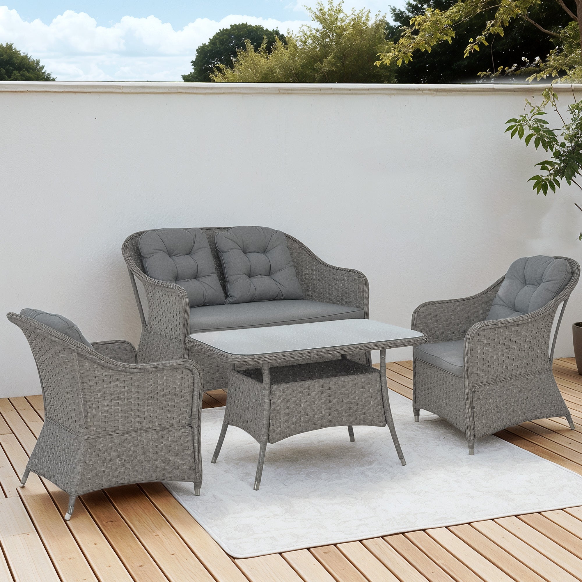Outsunny Four-Piece Rattan Set, with Glass-Top Table - Light Grey - North Peak Garden Furniture