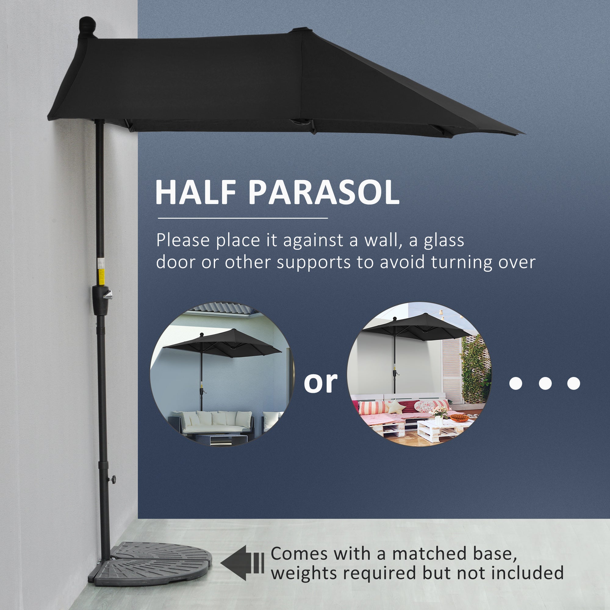 Outsunny 2m Half Parasol Market Umbrella Garden Balcony Parasol with Crank Handle, Base, Double-Sided Canopy, Black - North Peak Garden Furniture