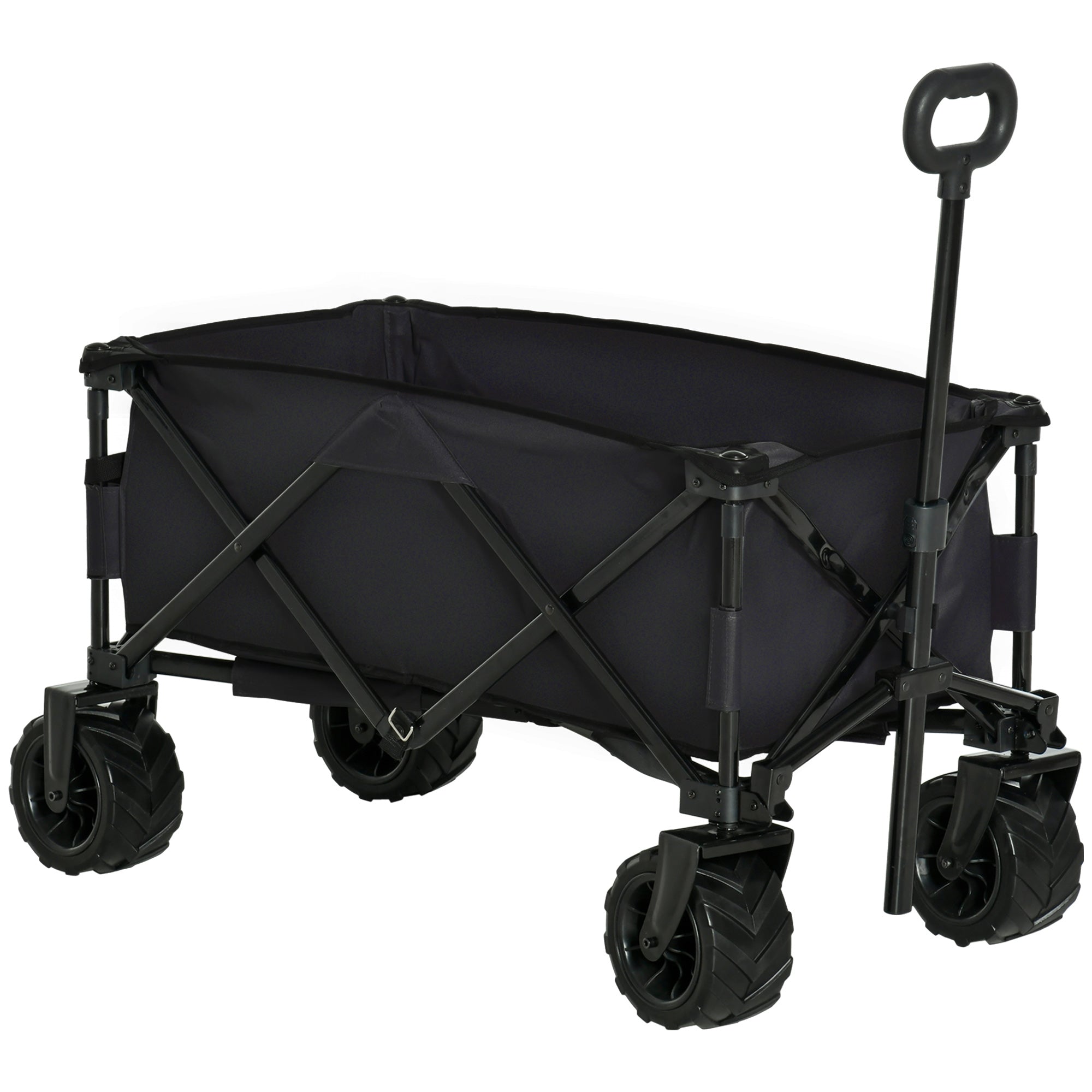 Outsunny Outdoor Folding Garden Trolley on Wheels, Capming Cargo Wagon Cart Trailer w/ Handle, Wheels for Beach Garden, Black - North Peak Garden Furniture