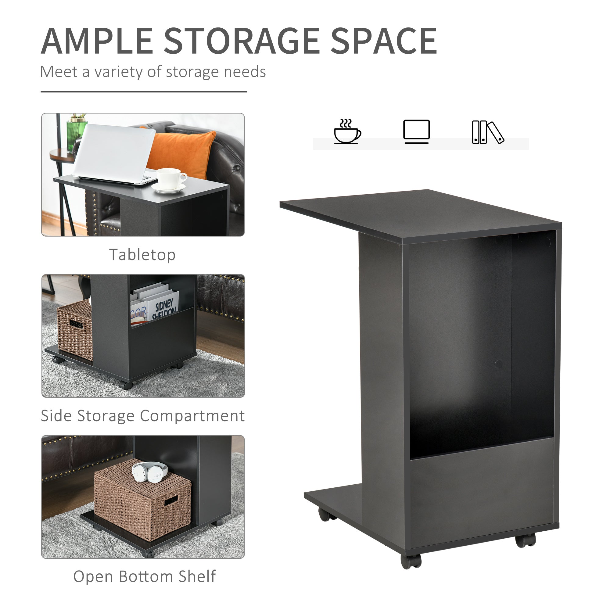 HOMCOM Mobile Sofa Side Table C-Shape End Table with Storage and Casters for Laptop Coffee Snack, Black - North Peak Garden Furniture