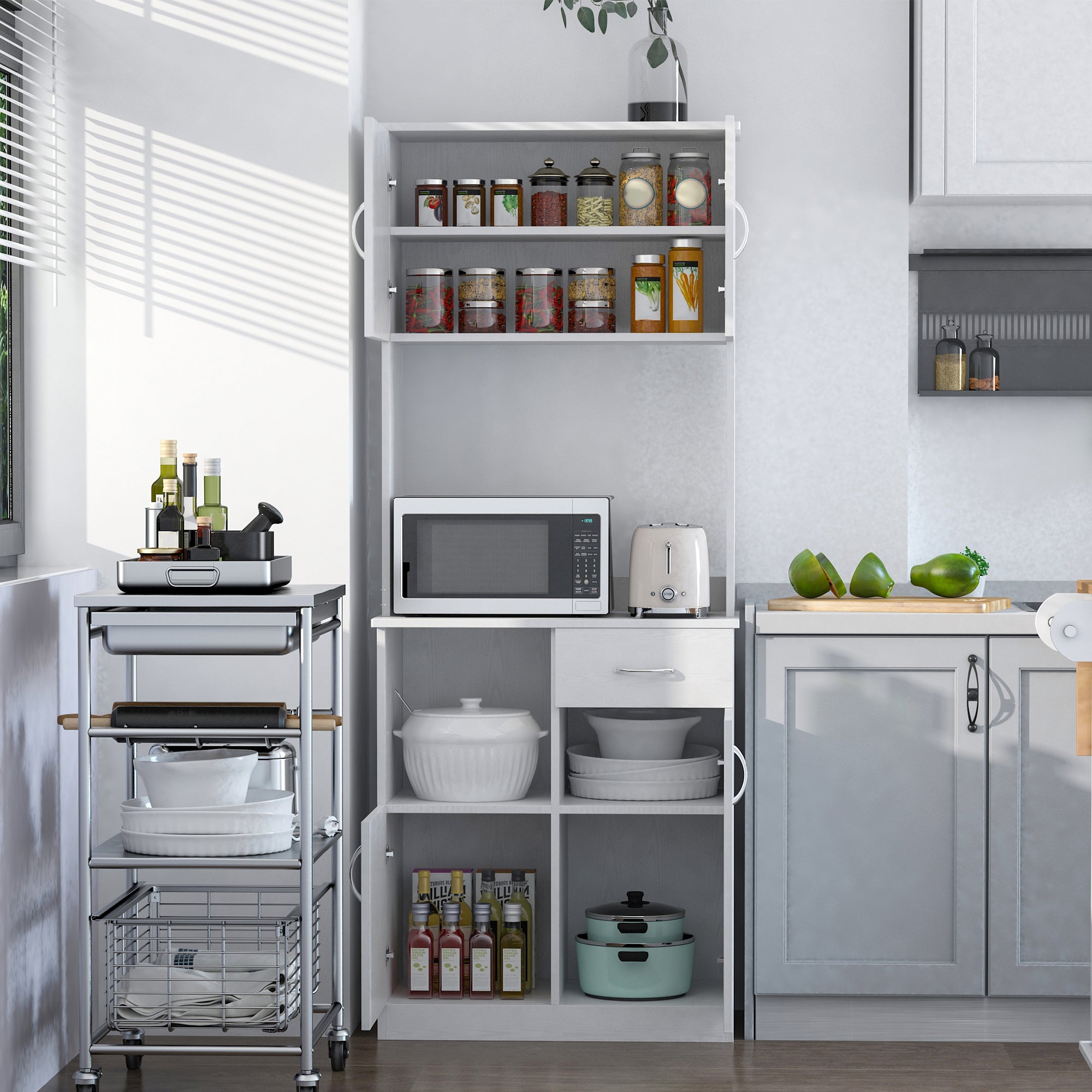 HOMCOM Tall Kitchen Cupboard, Kitchen Cabinet with Doors, Shelves, Drawer and Open Countertop, Storage Cabinet for Living Room, Dining Room, White - North Peak Garden Furniture