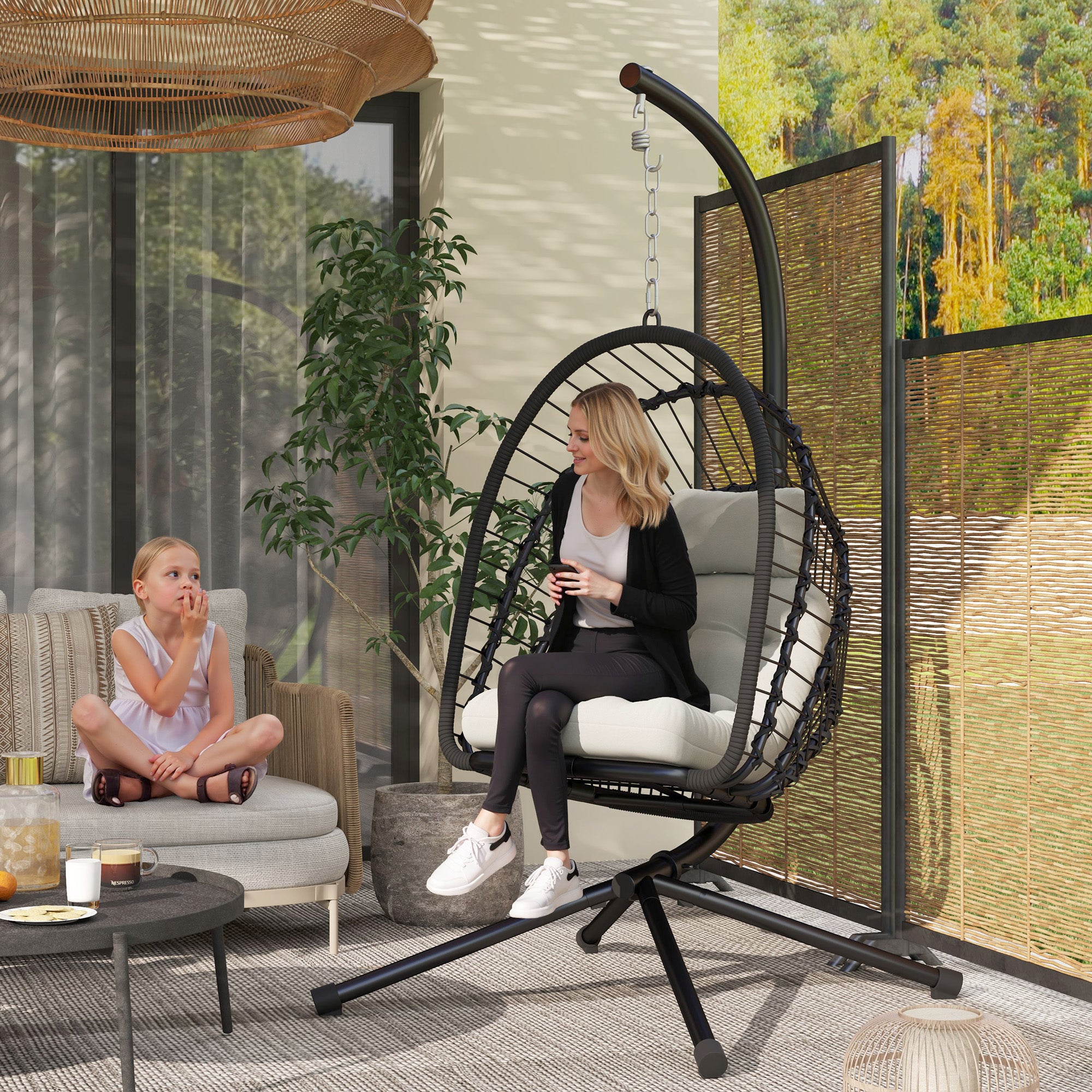 Outsunny Outdoor PE Rattan Swing Chair with Cushion, Garden Foldable Basket Patio Hanging Egg Chair with Metal Stand, Headrest, for Indoor and Outdoor, Black