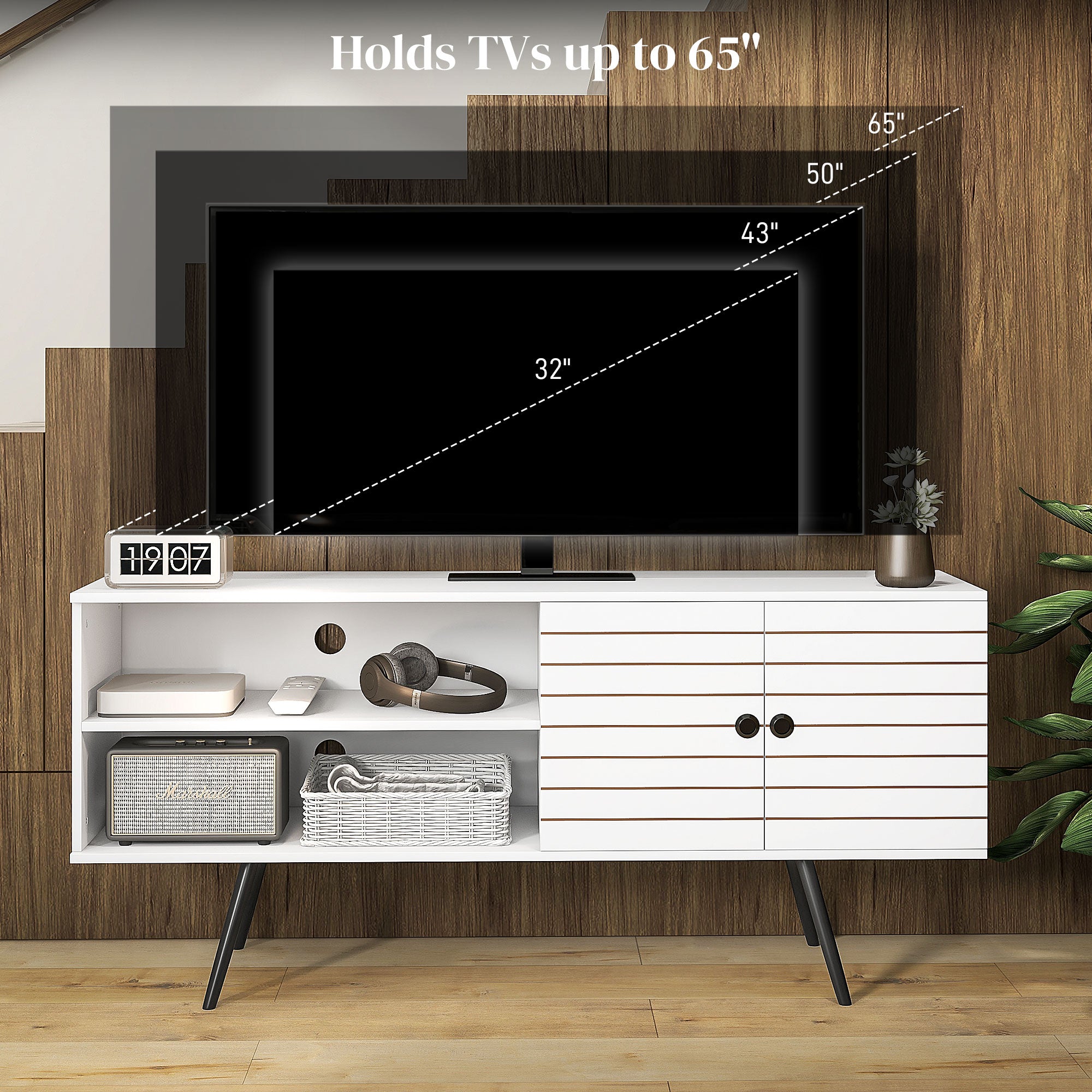 HOMCOM Duo Storage TV Unit, with Striped Door - White - North Peak Garden Furniture