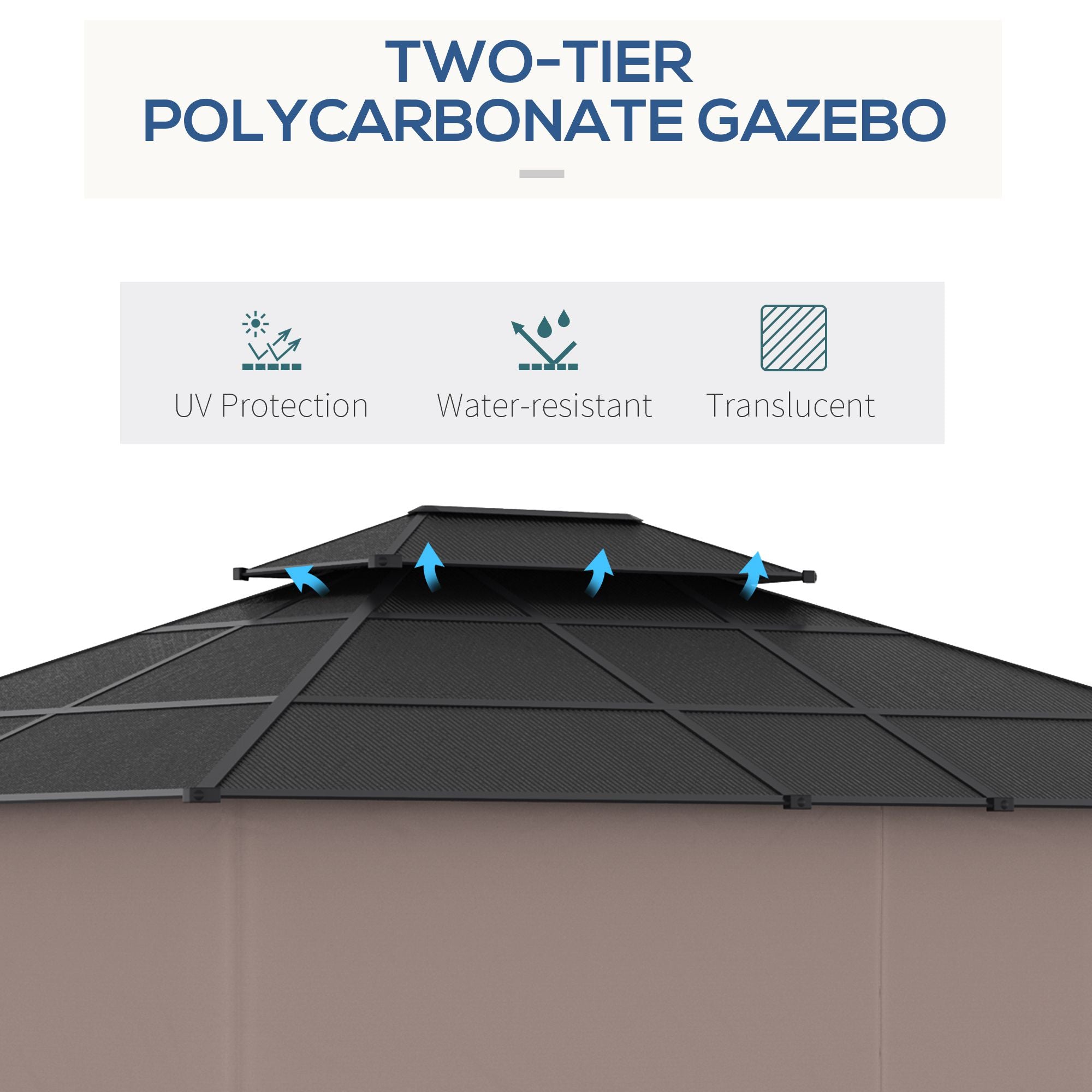 Outsunny 3.6 x 3 (m) Outdoor Polycarbonate Gazebo, Double Roof Hard Top Gazebo with Nettings & Curtains for Garden, Lawn, Patio - North Peak Garden Furniture