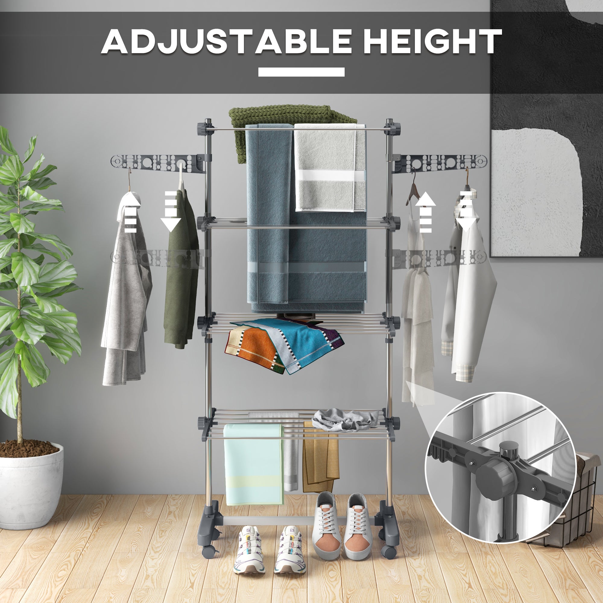 HOMCOM Four-Shelf Collapsing Clothes Horse, With Side Arms and Wheels - Grey - North Peak Garden Furniture