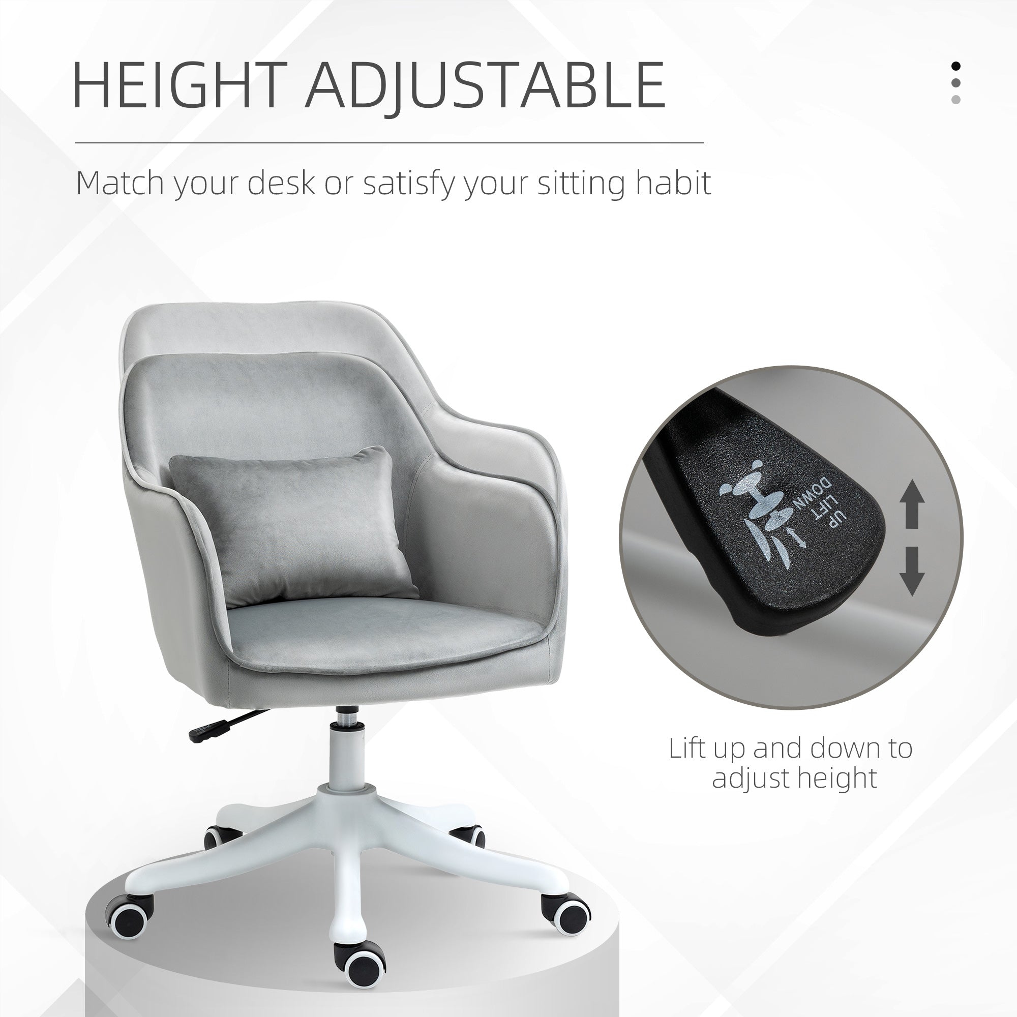 Vinsetto Velvet Office Chair, Desk Chair, Makeup Vanity Chair with Massage Lumbar Pillow and Rolling Wheels for Bedroom and Home, Grey - North Peak Garden Furniture