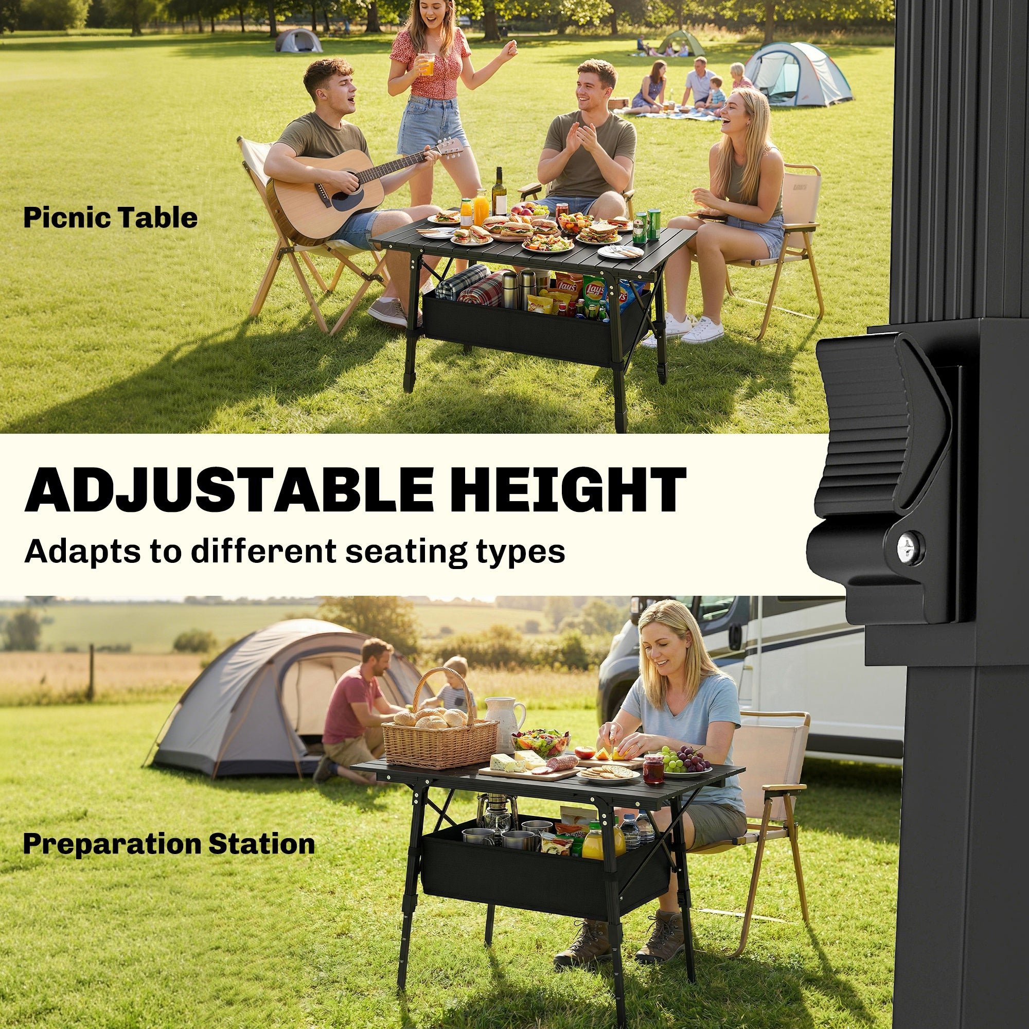 Outsunny Folding Camping Table, 90 x 55 cm Height Adjustable Portable Collapsible Table, 3ft Lightweight Aluminium Rollup Picnic Table with Storage Basket for Outdoor Garden Party BBQ, Black