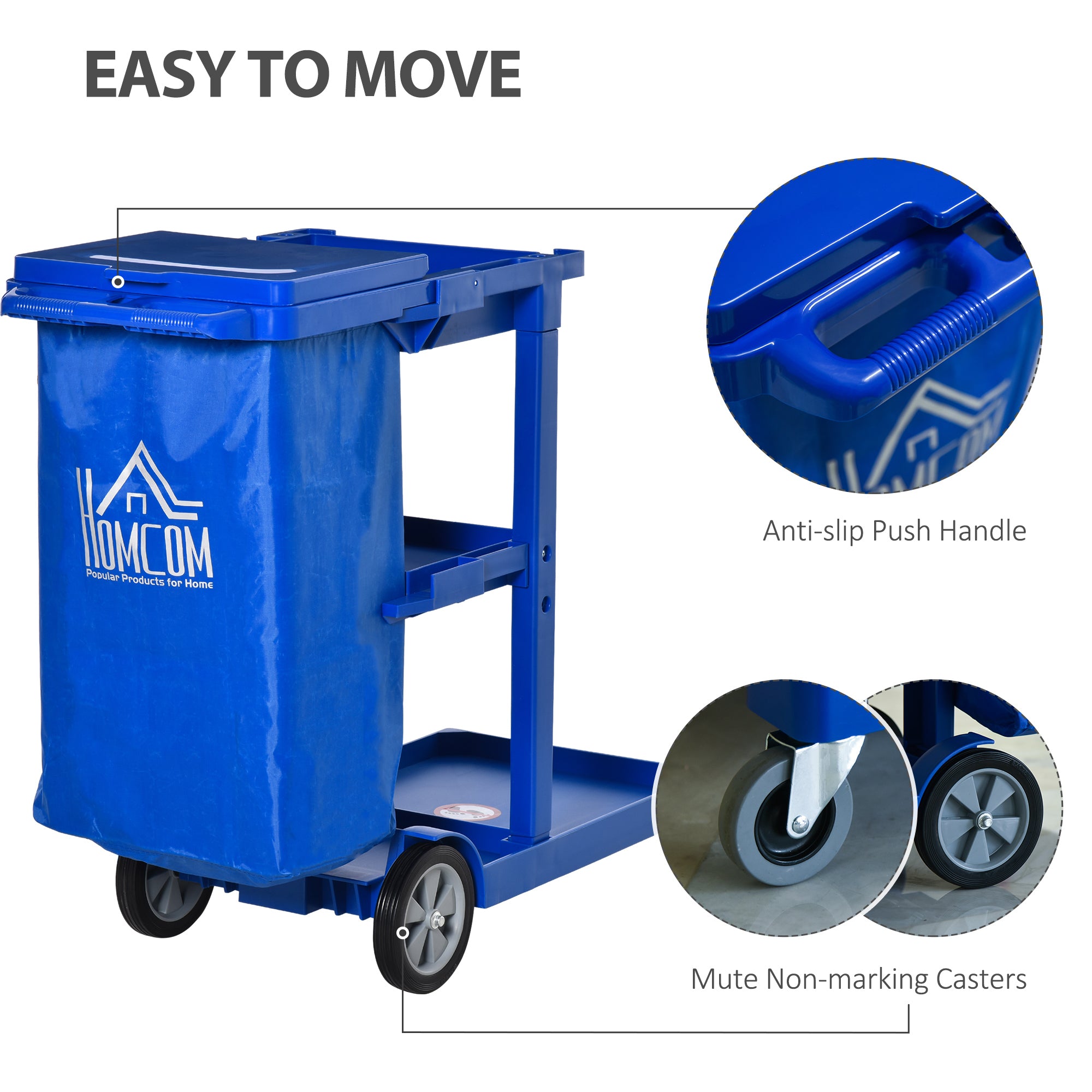 HOMCOM Janitor Cleaning Trolley, with Bin, Shelves and Hooks - Blue - North Peak Garden Furniture