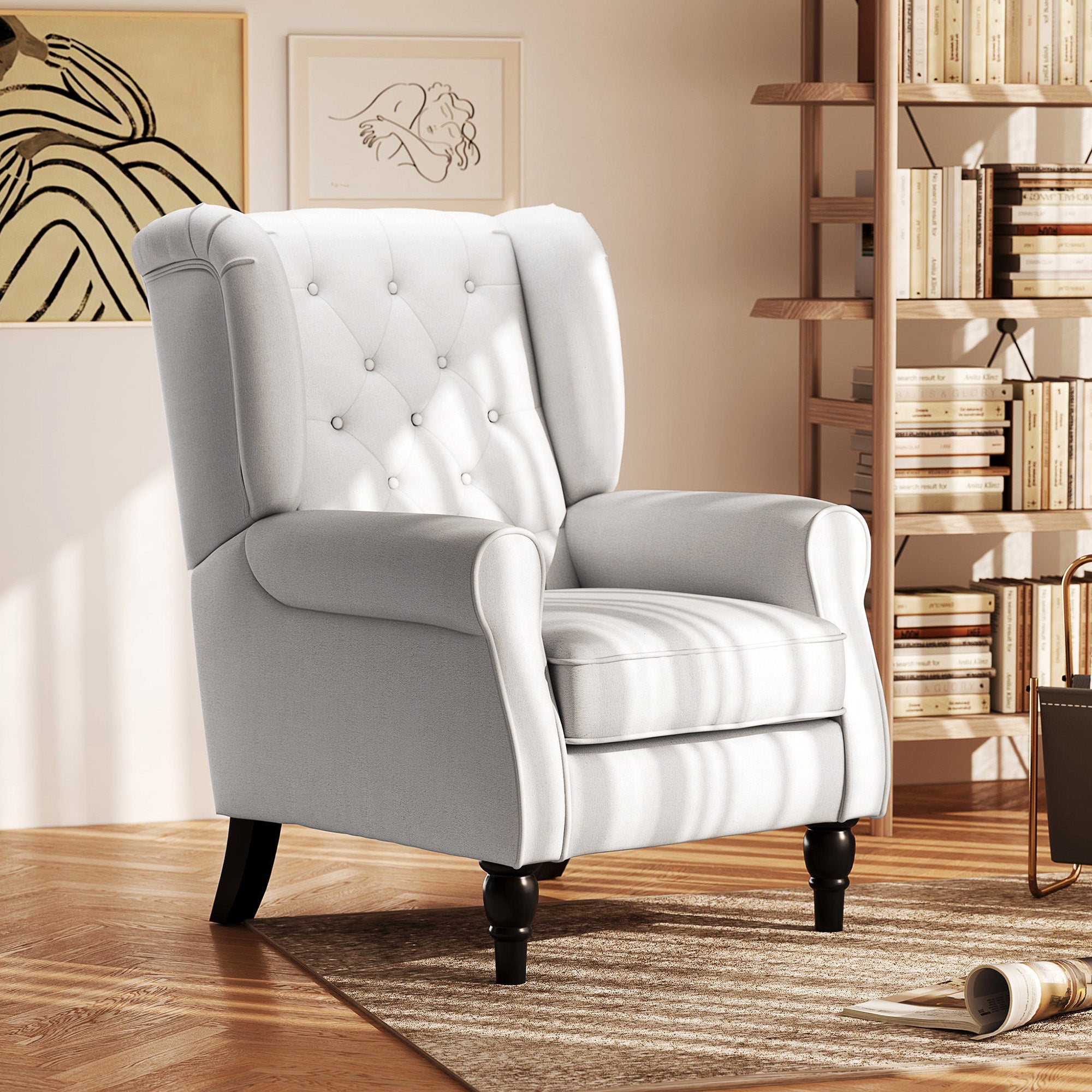 HOMCOM Wingback Accent Chair, Retro Upholstered Button Tufted Occasional Chair for Living Room and Bedroom, Cream White - North Peak Garden Furniture