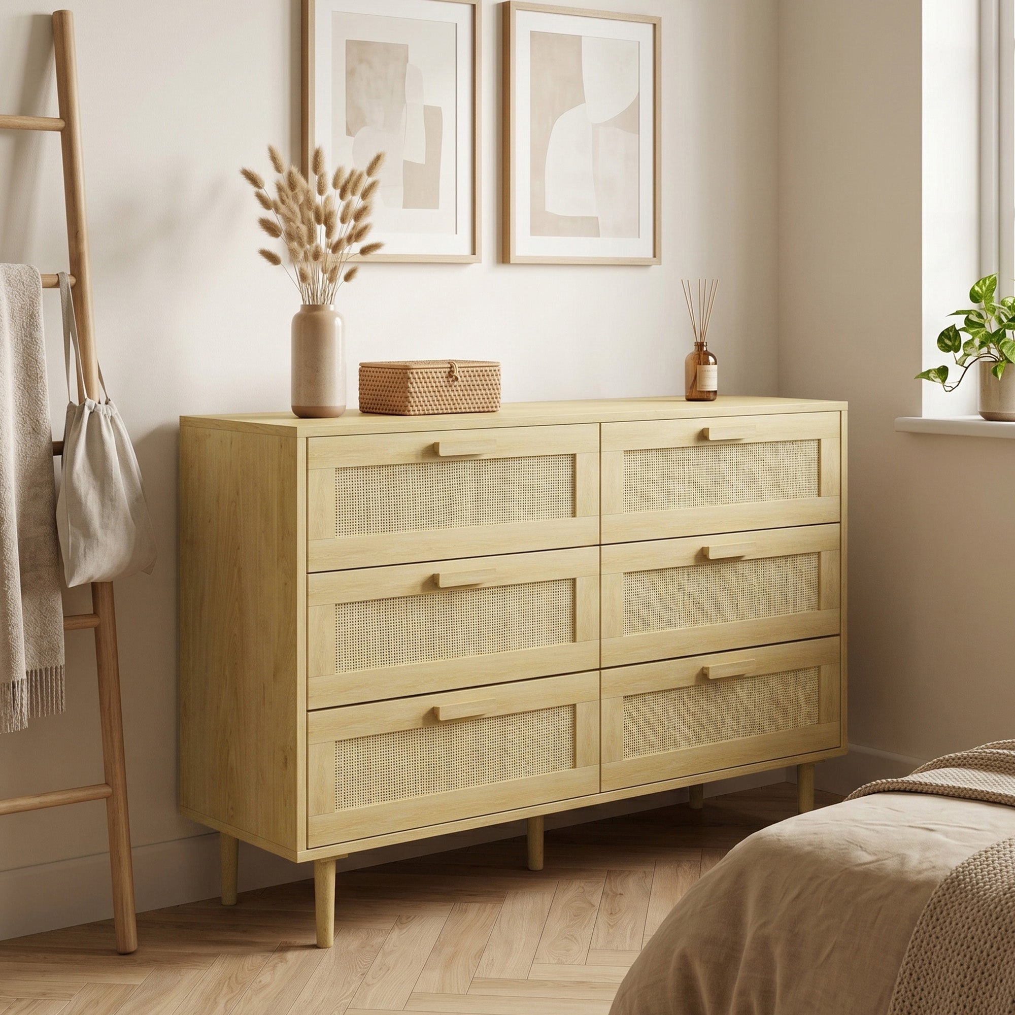 HOMCOM Chest of Drawers, 6-Drawer Dresser, Tall Storage Drawer Unit with Rattan Element for Bedroom, Living Room, Oak